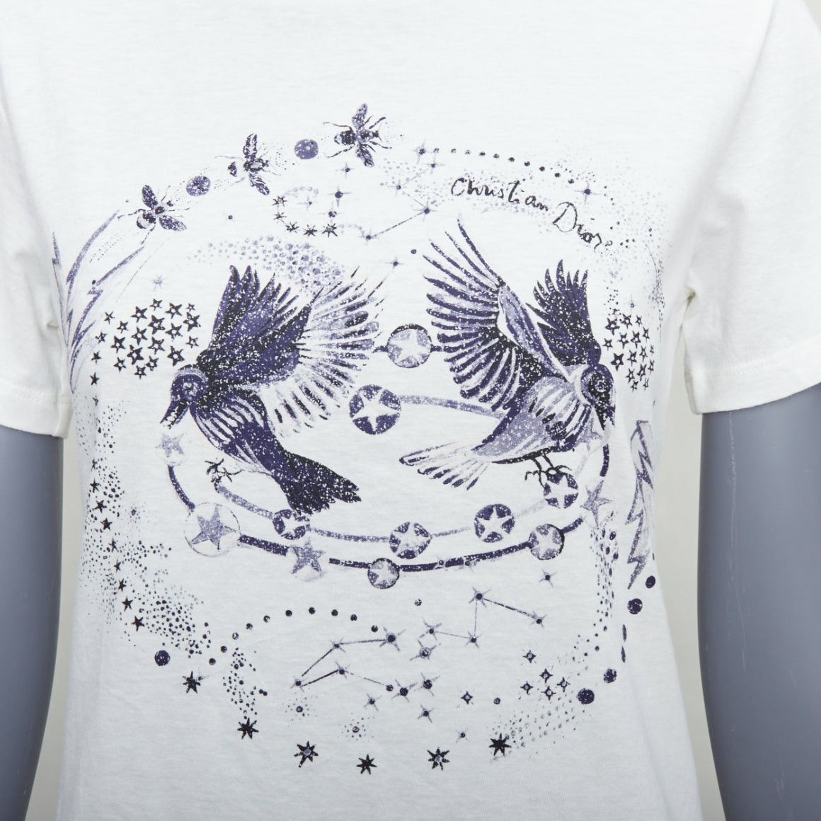 Dior DIOR navy double bird astrology print white cotton linen short sleeve tshirt XS Size S / US 4 / IT 40 - 7 Thumbnail