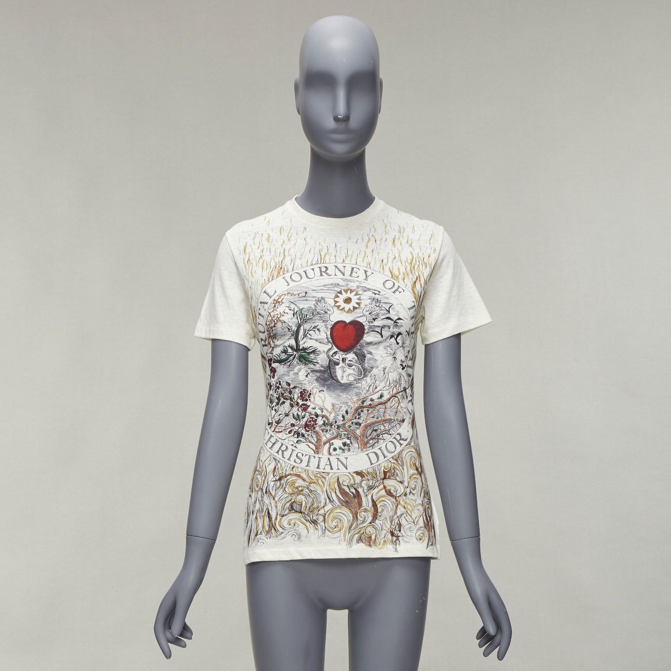 Dior DIOR Brutal Journey OF The Heart graphic print ecru cotton linen tshirt XS Size S / US 4 / IT 40 - 10 Thumbnail