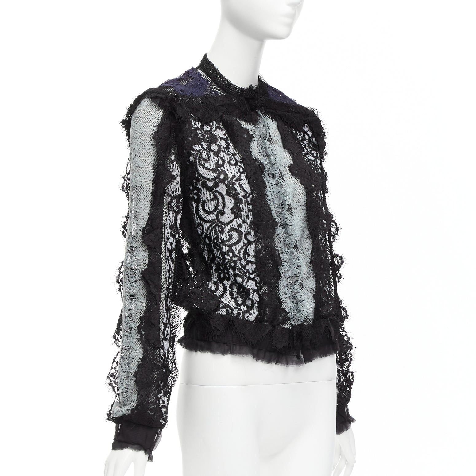 Lanvin LANVIN blue black intricate lace panels sheer long sleeve jacket FR34 XS Size XS / US 0-2 / IT 36-38 - 4 Thumbnail
