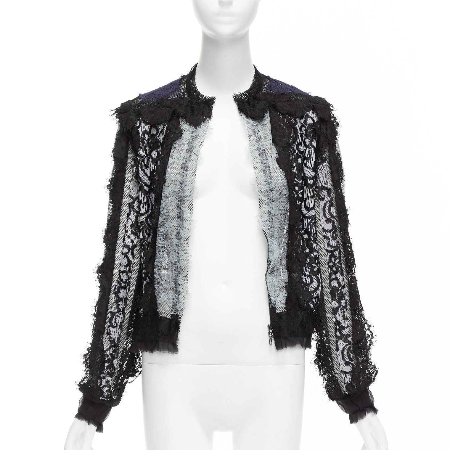 Lanvin LANVIN blue black intricate lace panels sheer long sleeve jacket FR34 XS Size XS / US 0-2 / IT 36-38 - 3 Thumbnail