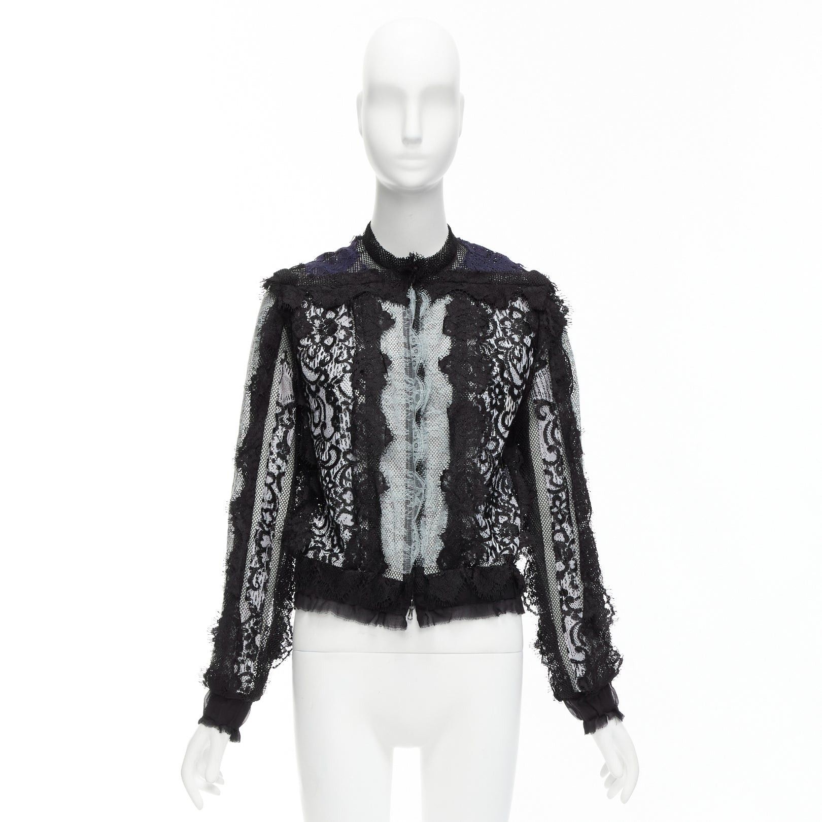 Lanvin LANVIN blue black intricate lace panels sheer long sleeve jacket FR34 XS Size XS / US 0-2 / IT 36-38 - 10 Thumbnail
