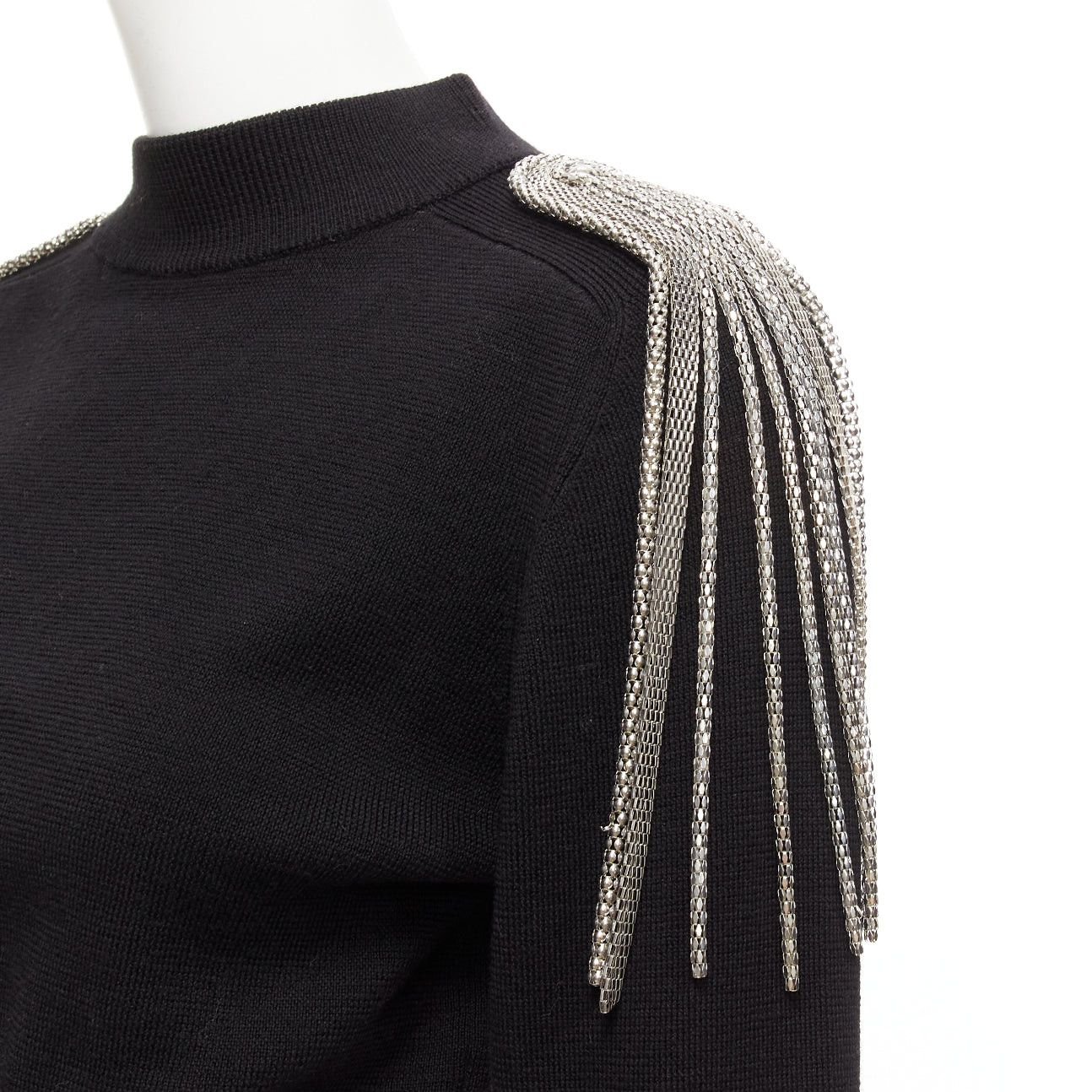 Christopher Kane CHRISTOPHER KANE 100% merino wool black silver shoulder chain sweater XS Size S / US 4 / IT 40 - 2 Thumbnail