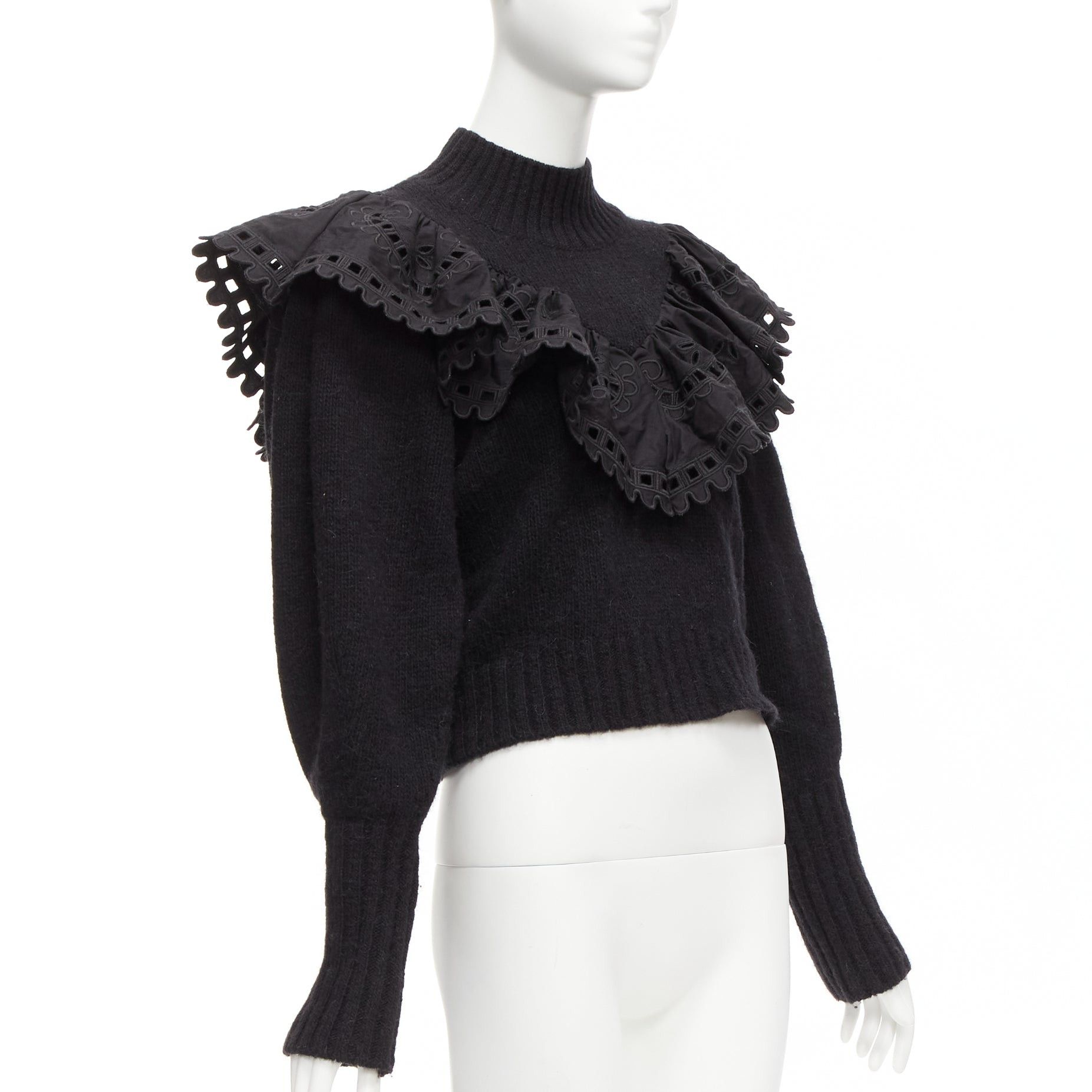 Sea New York SEA NEW YORK black merino wool alpaca Victorian ruffle crop sweater XS Size S / US 4 / IT 40 - 3 Thumbnail