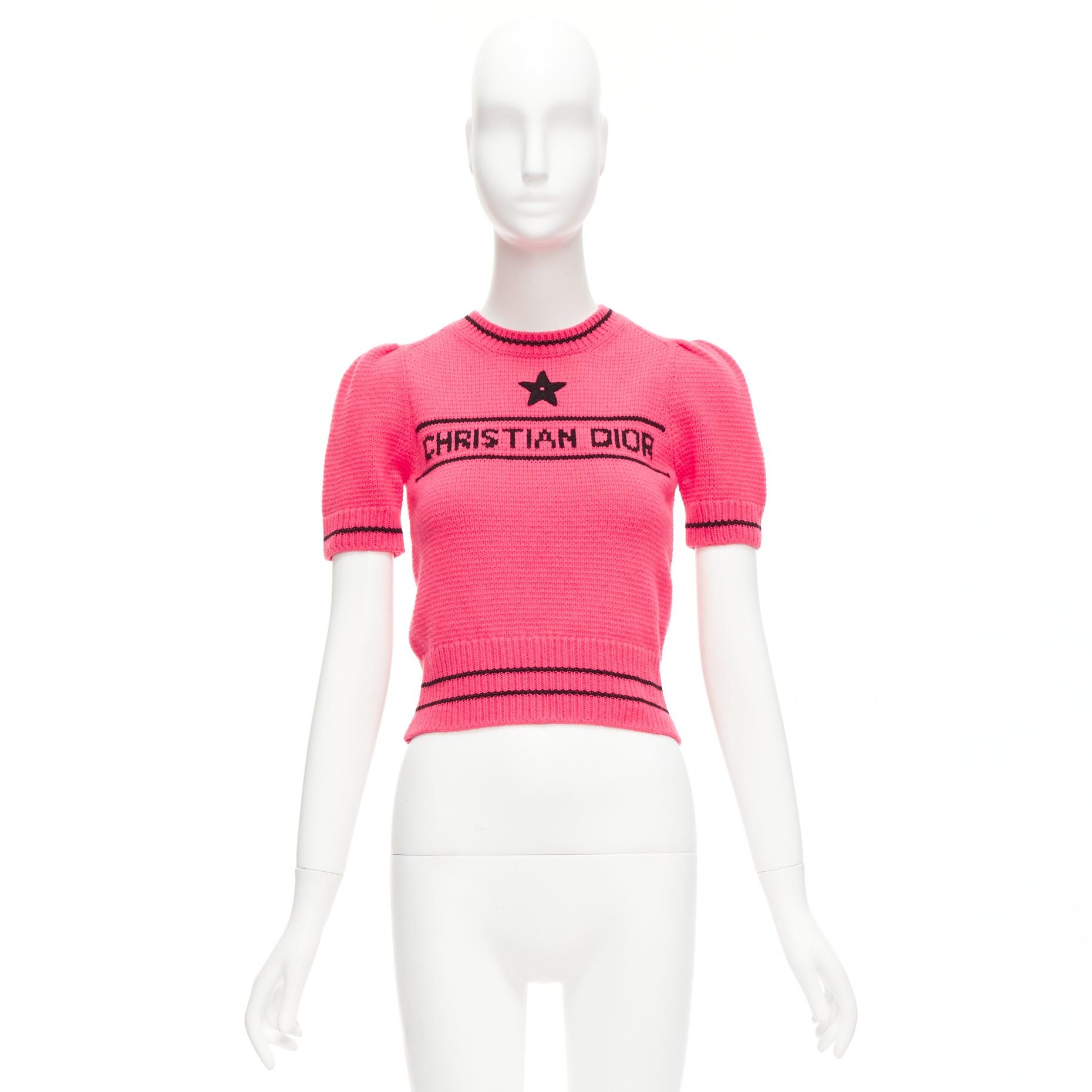 Dior CHRISTIAN DIOR 2022 100% cashmere pink black logo puff sleeve crop sweater FR34 XXS Size XS / US 0-2 / IT 36-38 - 9 Thumbnail