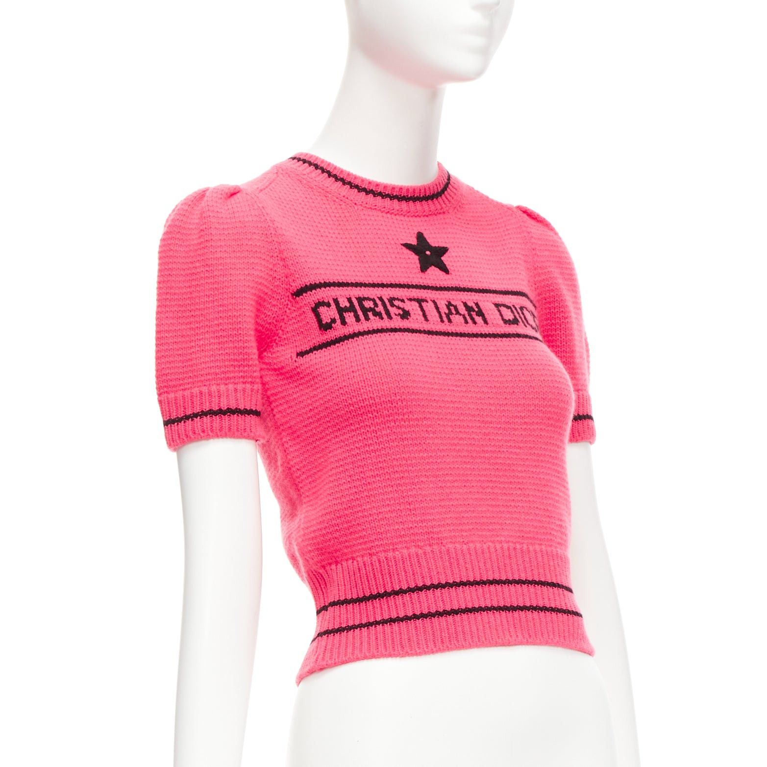Dior CHRISTIAN DIOR 2022 100% cashmere pink black logo puff sleeve crop sweater FR34 XXS Size XS / US 0-2 / IT 36-38 - 3 Thumbnail
