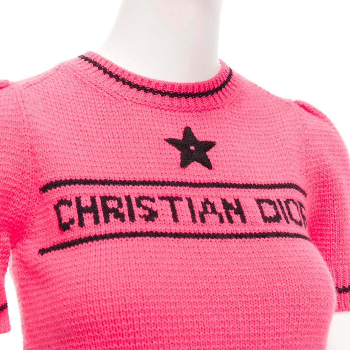 Dior CHRISTIAN DIOR 2022 100% cashmere pink black logo puff sleeve crop sweater FR34 XXS Size XS / US 0-2 / IT 36-38 - 2 Thumbnail
