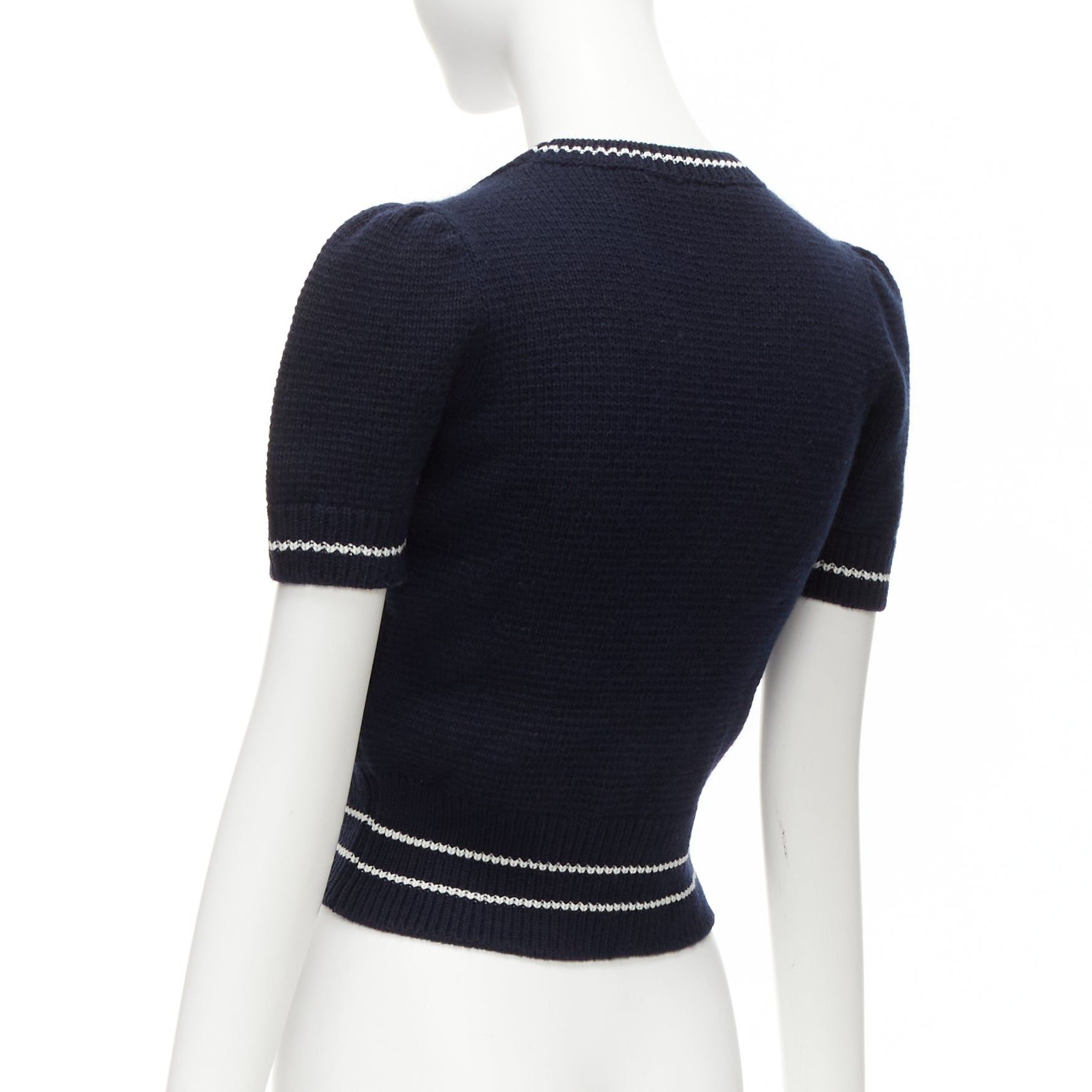 Dior CHRISTIAN DIOR 2022 100% cashmere navy white puff sleeve crew crop sweater FR34 XXS Size XS / US 0-2 / IT 36-38 - 6 Thumbnail