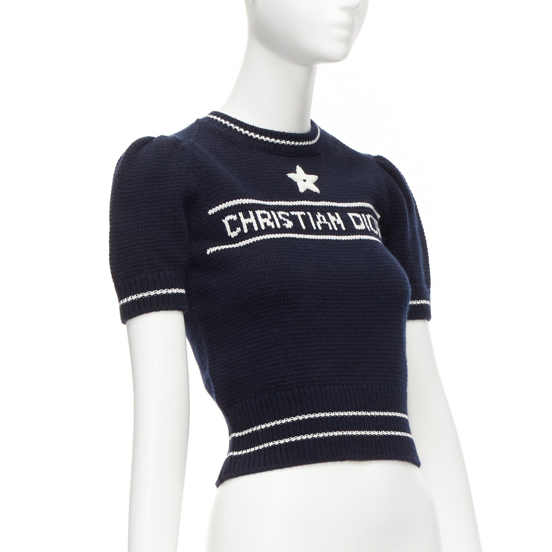 Dior CHRISTIAN DIOR 2022 100% cashmere navy white puff sleeve crew crop sweater FR34 XXS Size XS / US 0-2 / IT 36-38 - 3 Thumbnail