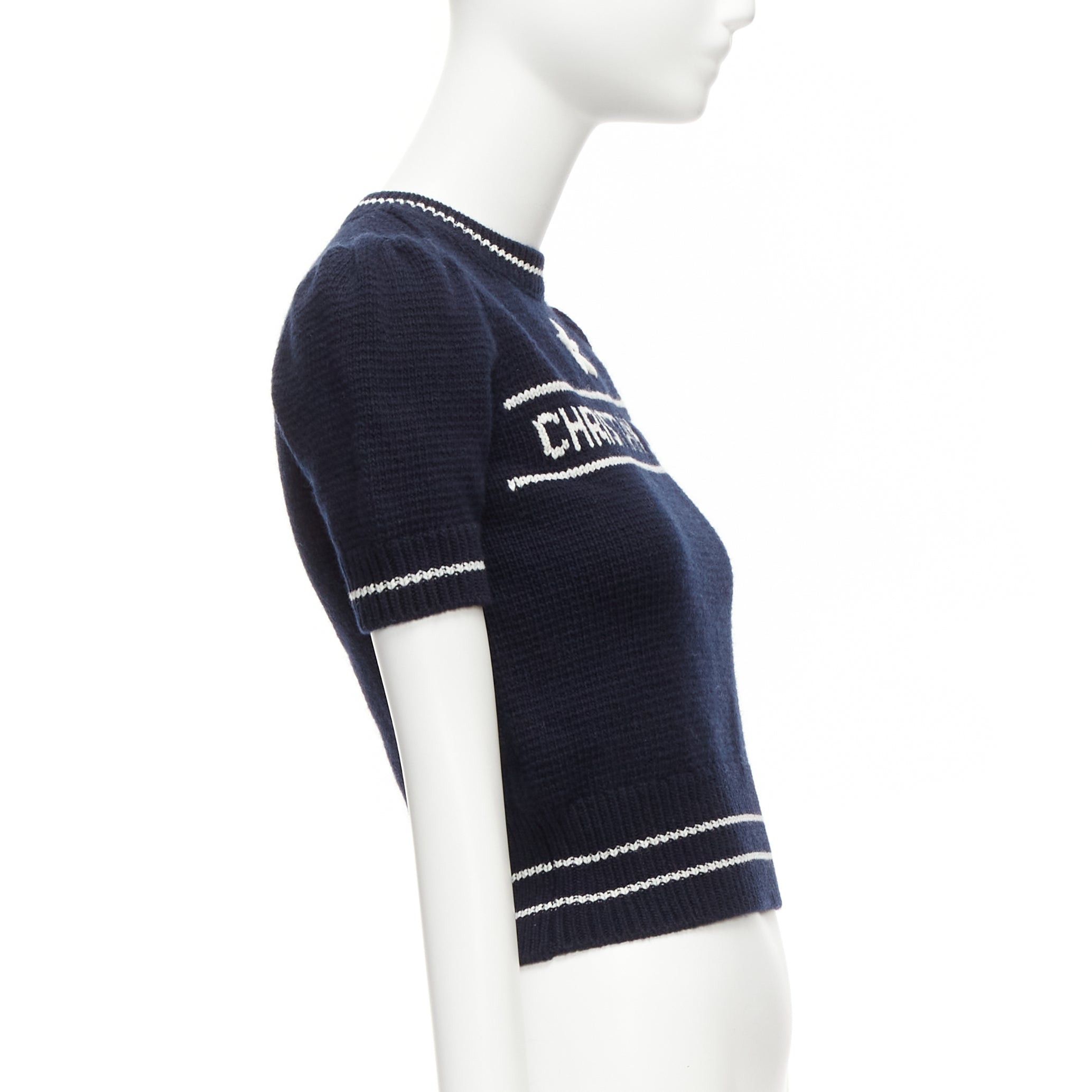 Dior CHRISTIAN DIOR 2022 100% cashmere navy white puff sleeve crew crop sweater FR34 XXS Size XS / US 0-2 / IT 36-38 - 4 Thumbnail