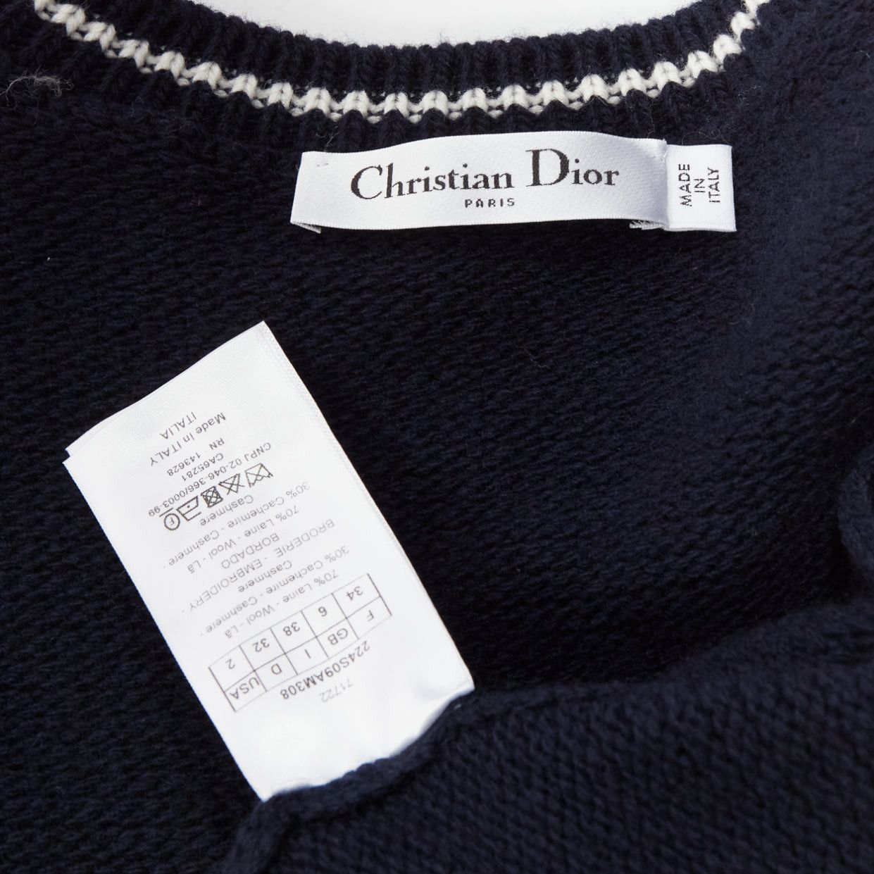 Dior CHRISTIAN DIOR 2022 100% cashmere navy white puff sleeve crew crop sweater FR34 XXS Size XS / US 0-2 / IT 36-38 - 8 Thumbnail