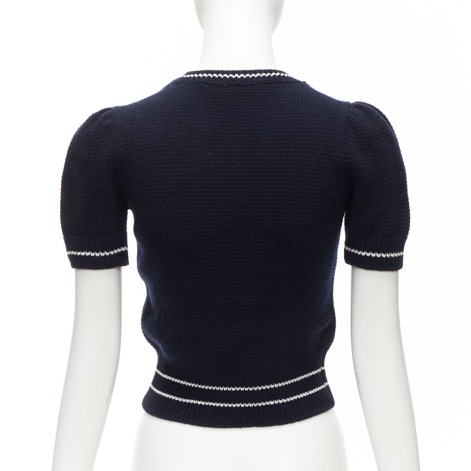 Dior CHRISTIAN DIOR 2022 100% cashmere navy white puff sleeve crew crop sweater FR34 XXS Size XS / US 0-2 / IT 36-38 - 5 Thumbnail