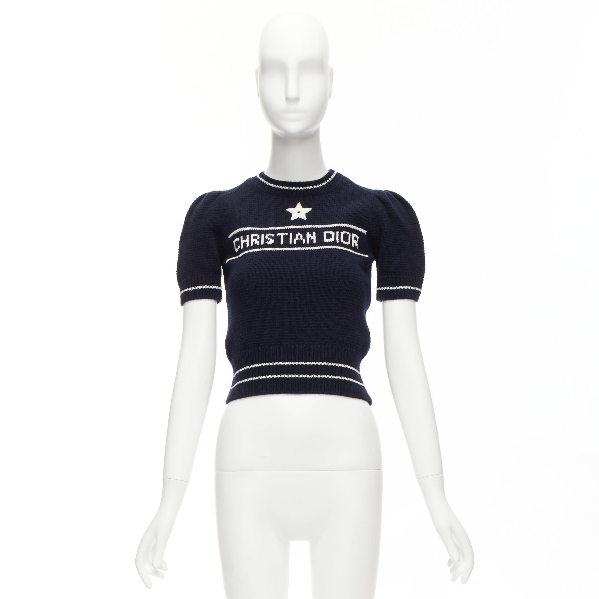 Dior CHRISTIAN DIOR 2022 100% cashmere navy white puff sleeve crew crop sweater FR34 XXS Size XS / US 0-2 / IT 36-38 - 9 Thumbnail