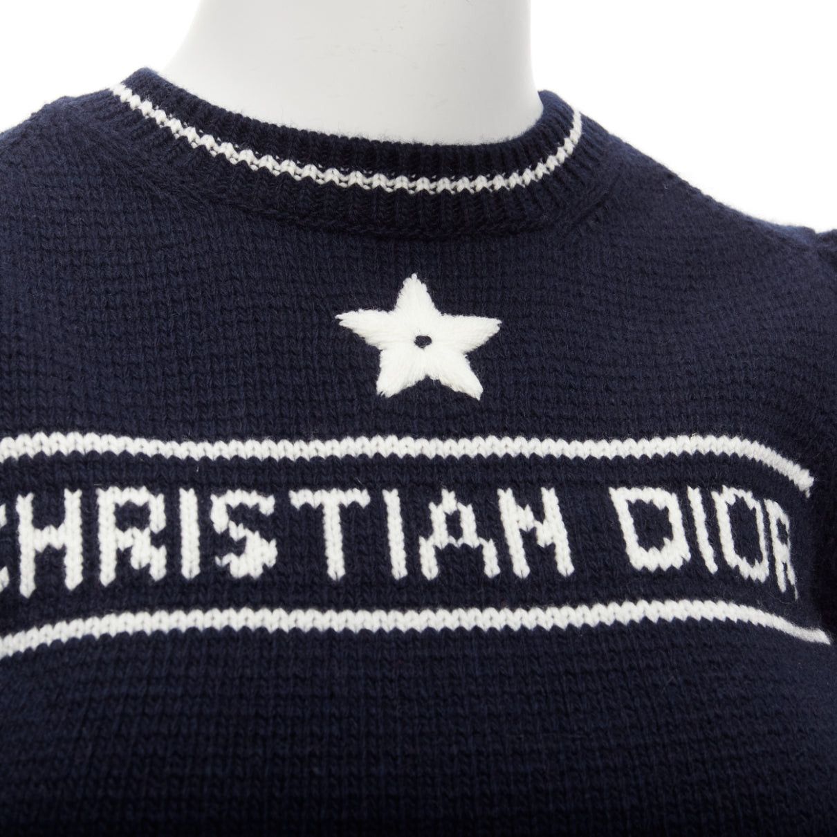 Dior CHRISTIAN DIOR 2022 100% cashmere navy white puff sleeve crew crop sweater FR34 XXS Size XS / US 0-2 / IT 36-38 - 2 Thumbnail