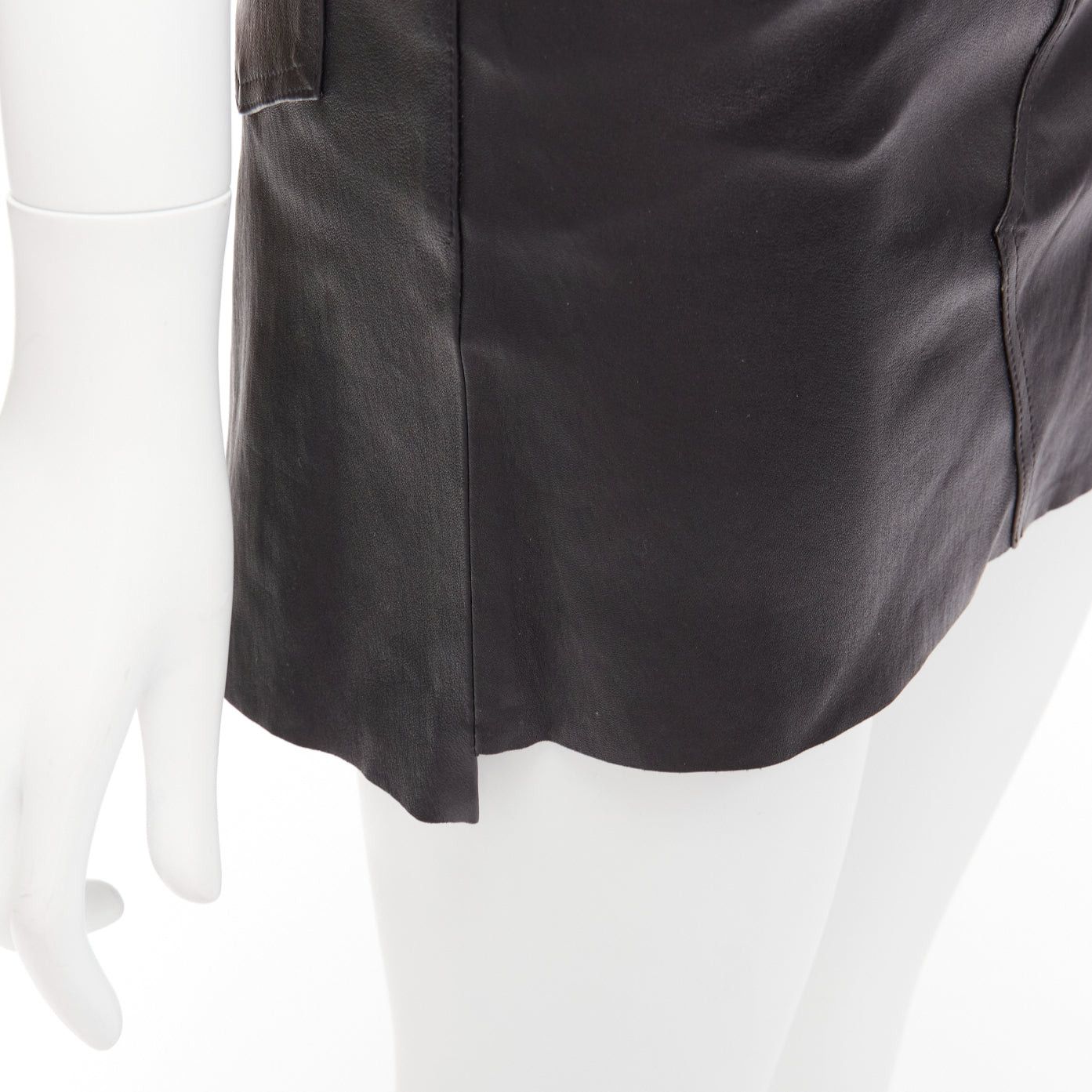 Amiri AMIRI black genuine leather high low back pockets mini skirt US0 XS Size 26" / US 2 / IT 38 - 7 Thumbnail