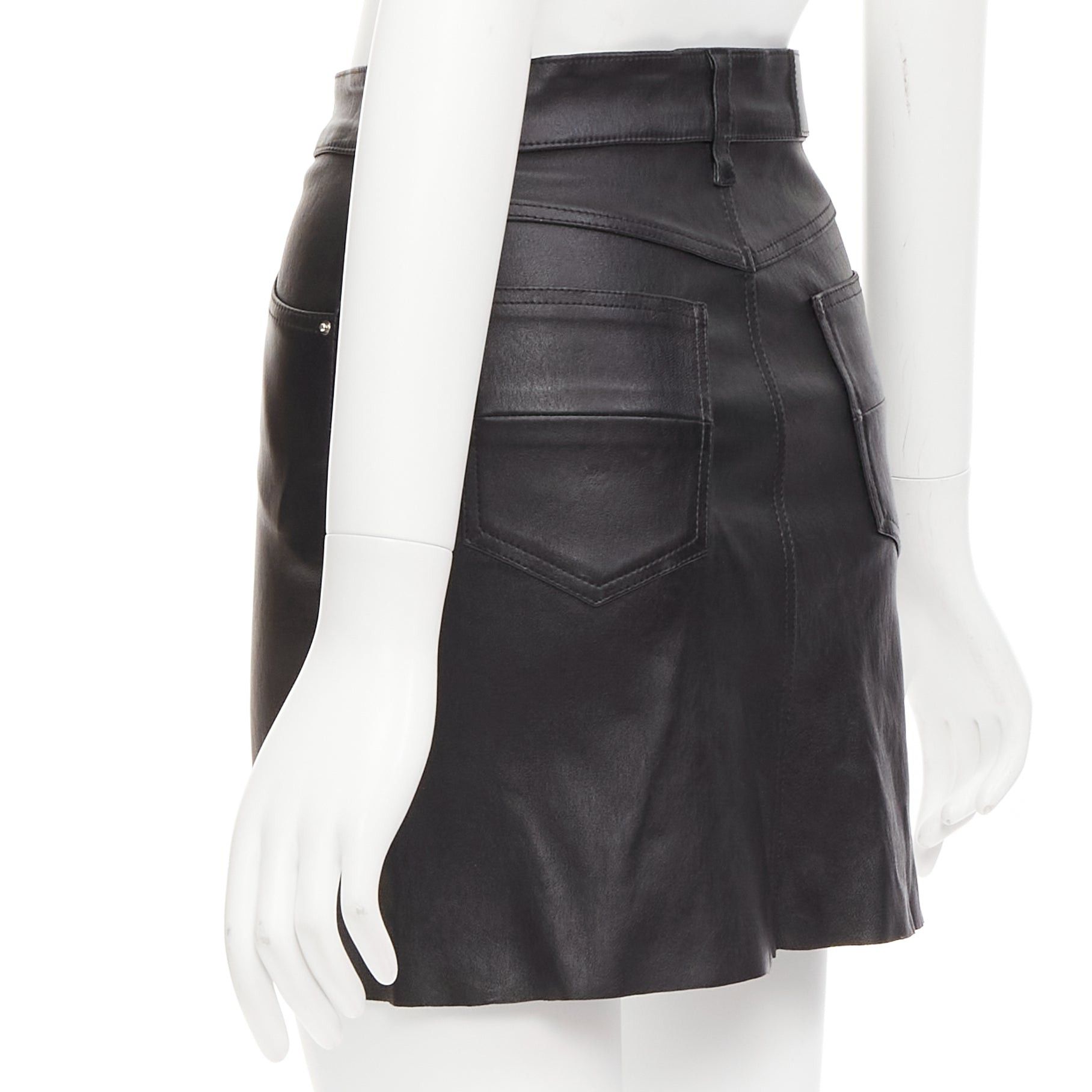 Amiri AMIRI black genuine leather high low back pockets mini skirt US0 XS Size 26" / US 2 / IT 38 - 6 Thumbnail