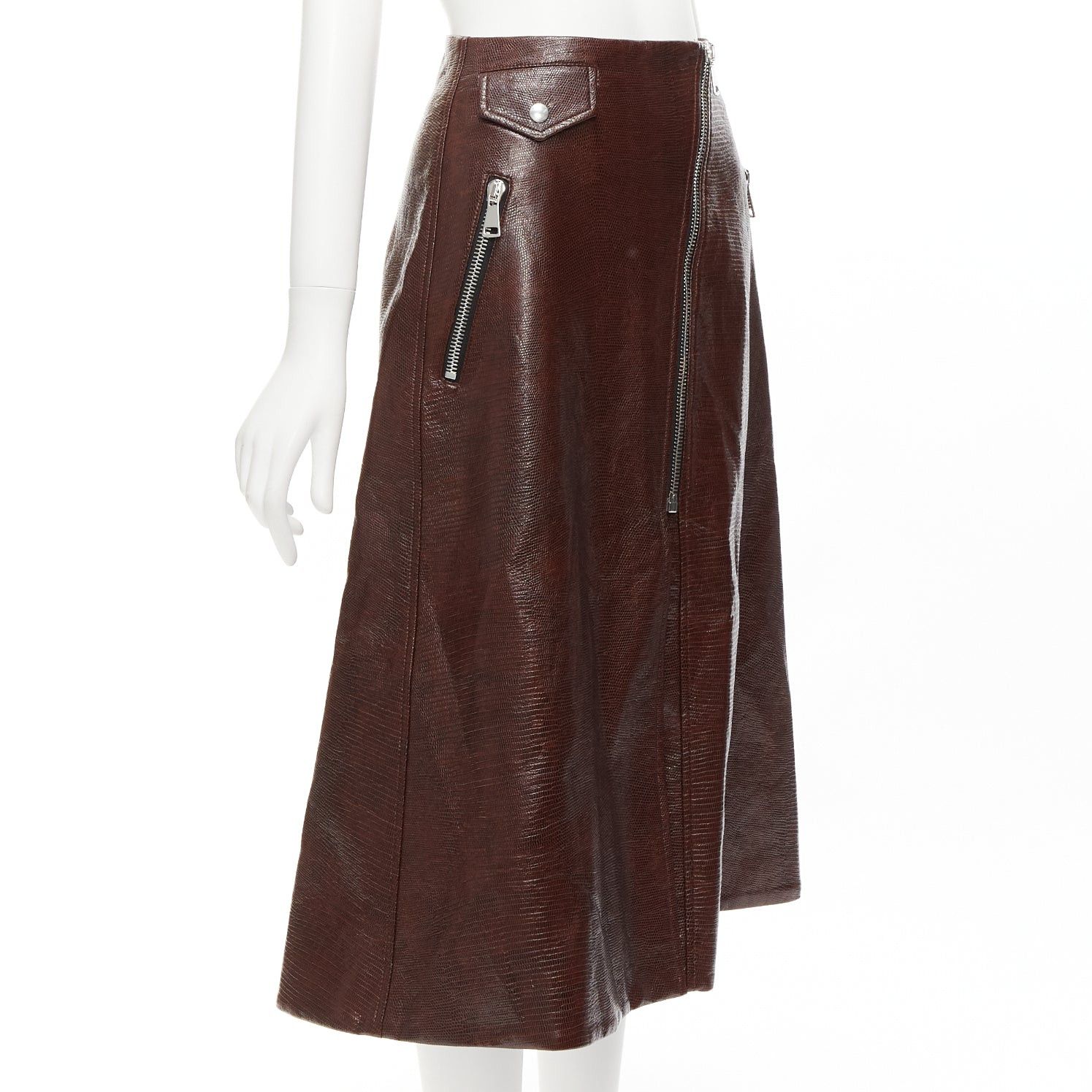 Other BEAUFILLE brown coated scaled cotton silver asymmetric zip midi skirt US0 XS Size 26" / US 2 / IT 38 - 3 Thumbnail