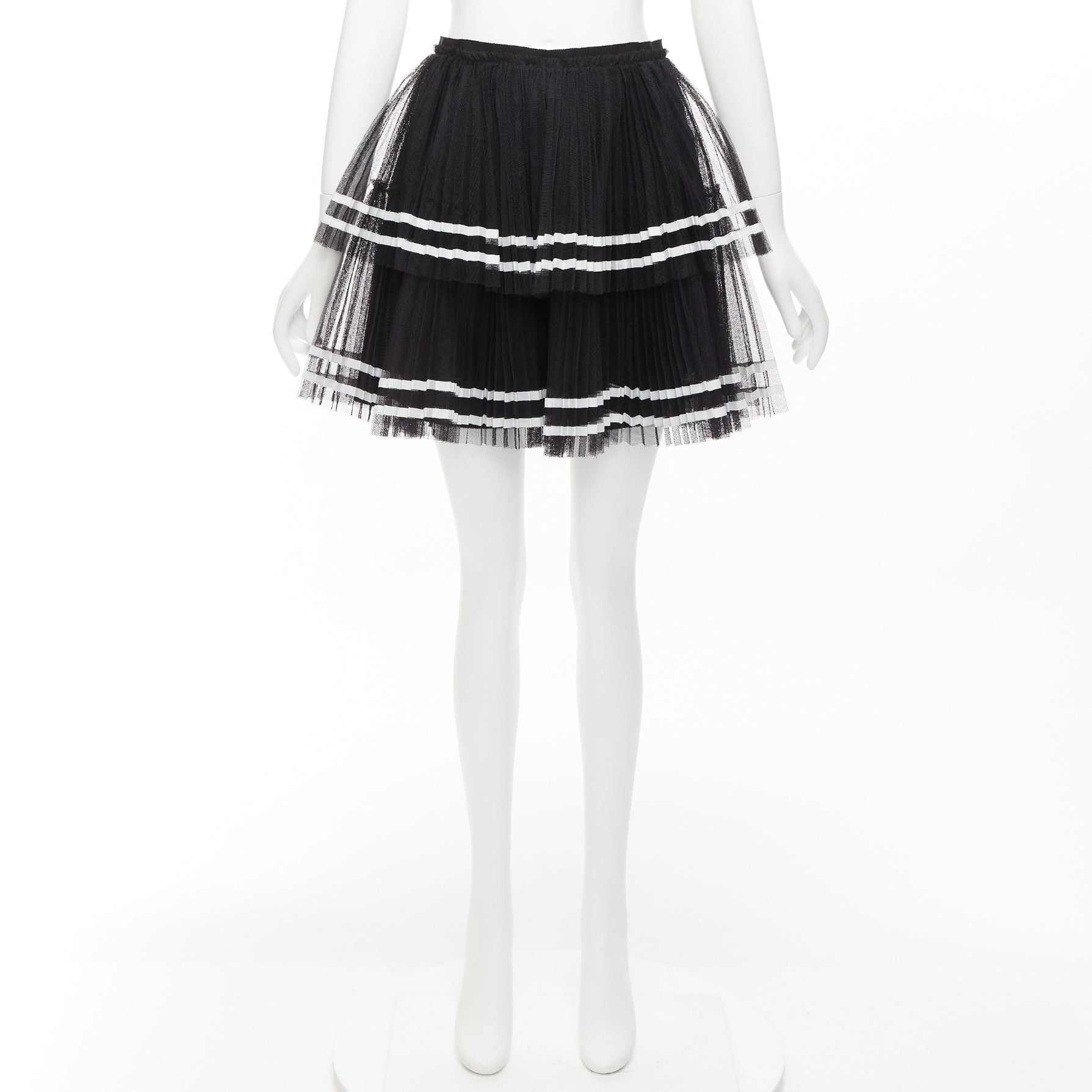 RED Valentino RED VALENTINO 2022 black tiered white stripe tulle pleated mini skirt IT38 XS Size 26" / US 2 / IT 38 - 9 Thumbnail