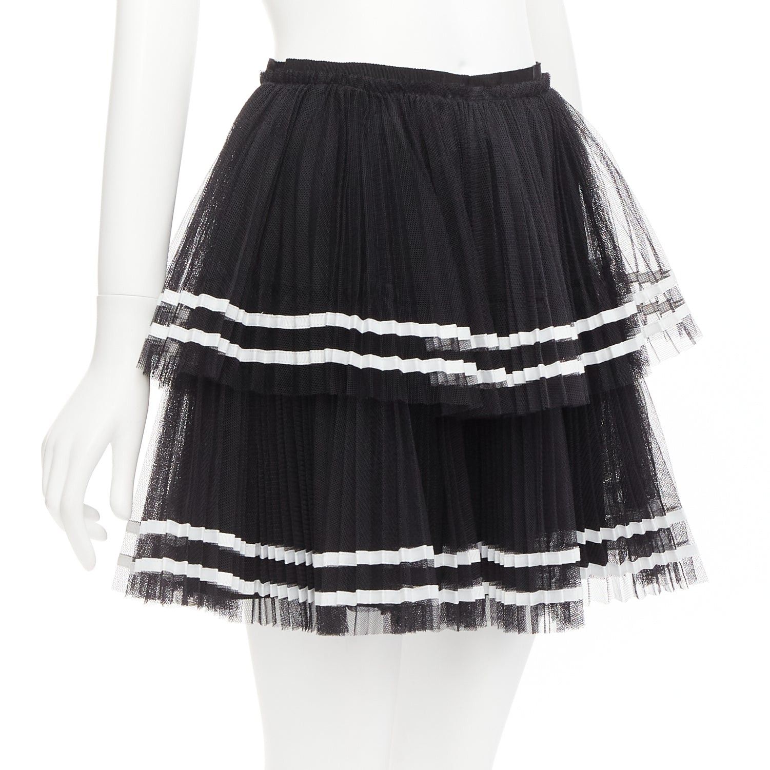 RED Valentino RED VALENTINO 2022 black tiered white stripe tulle pleated mini skirt IT38 XS Size 26" / US 2 / IT 38 - 3 Thumbnail