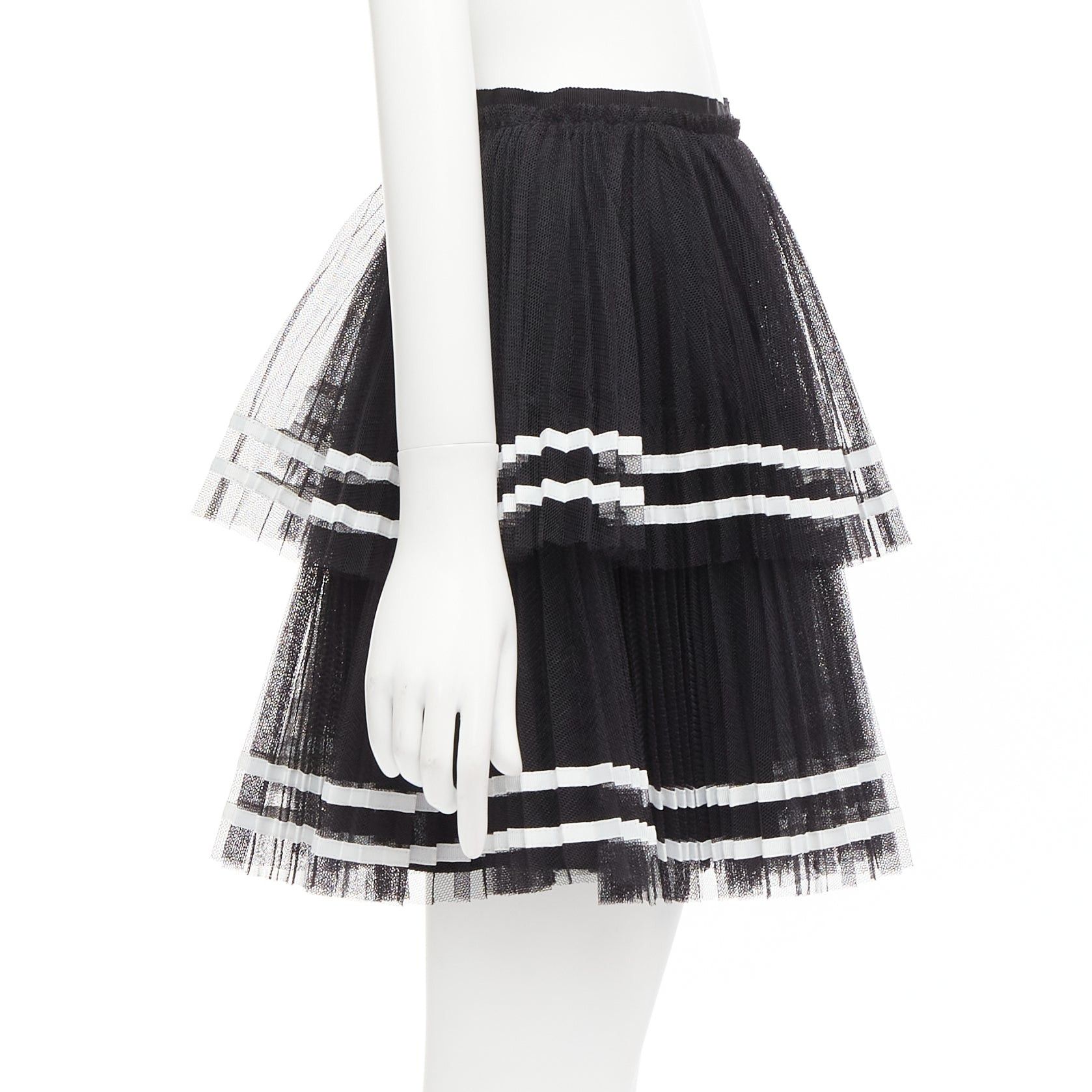 RED Valentino RED VALENTINO 2022 black tiered white stripe tulle pleated mini skirt IT38 XS Size 26" / US 2 / IT 38 - 4 Thumbnail