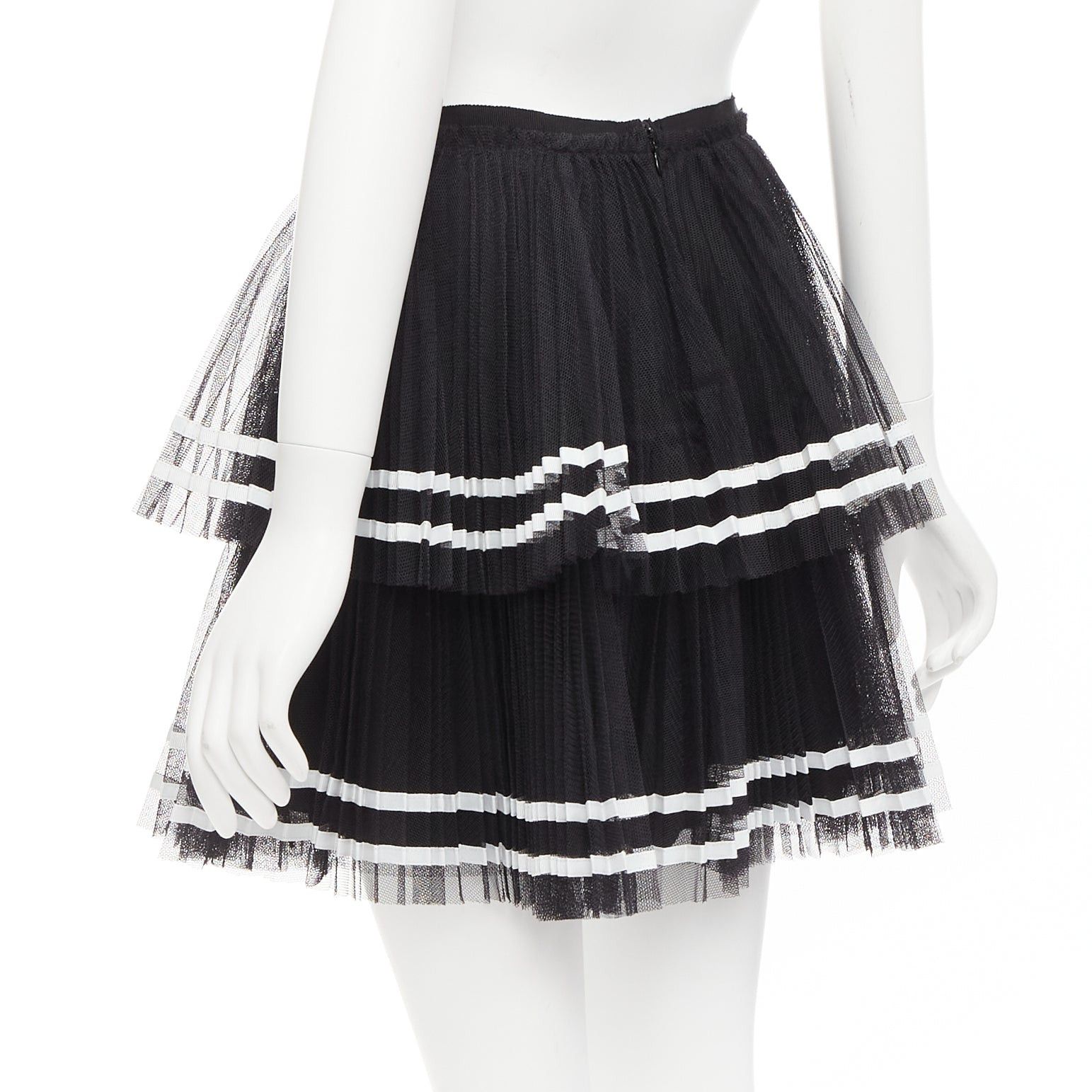 RED Valentino RED VALENTINO 2022 black tiered white stripe tulle pleated mini skirt IT38 XS Size 26" / US 2 / IT 38 - 6 Thumbnail
