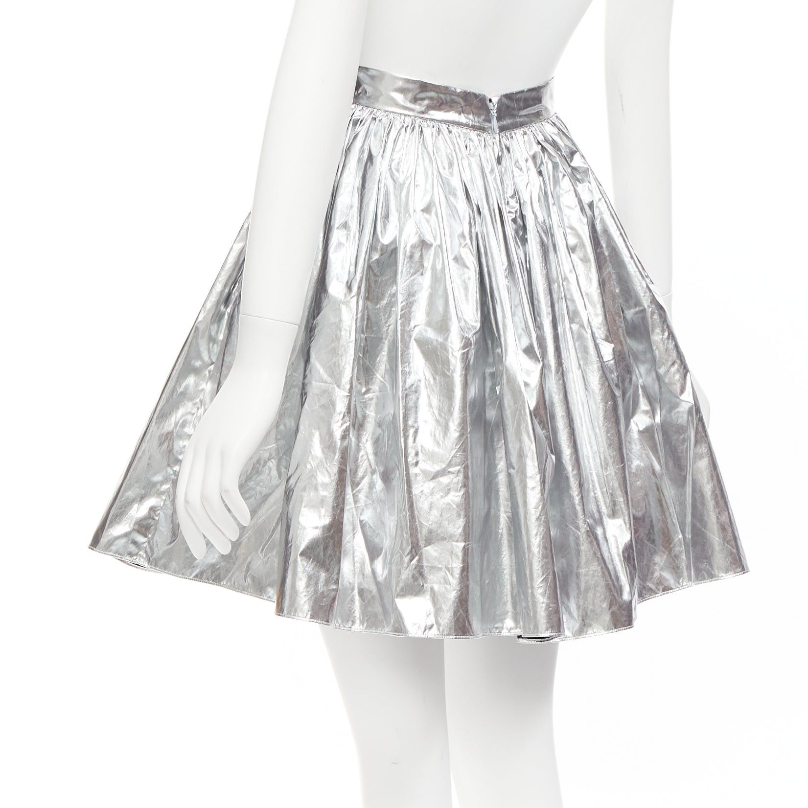 Alexander McQueen ALEXANDER MCQUEEN 2022 metallic silver foil flared knee length circle skirt IT36 XXS Size 25" / US 0 / IT 36 - 6 Thumbnail