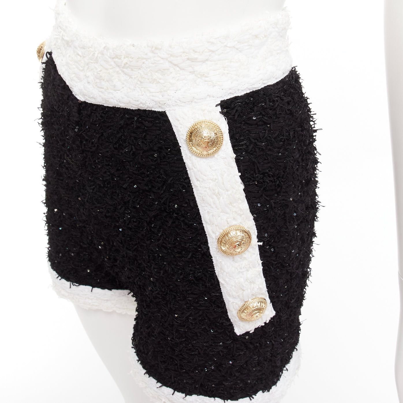 Balmain BALMAIN black white sequins tweed gold buttons zip high waisted shorts FR34 XS Size 26" / US 2 / IT 38 - 2 Thumbnail