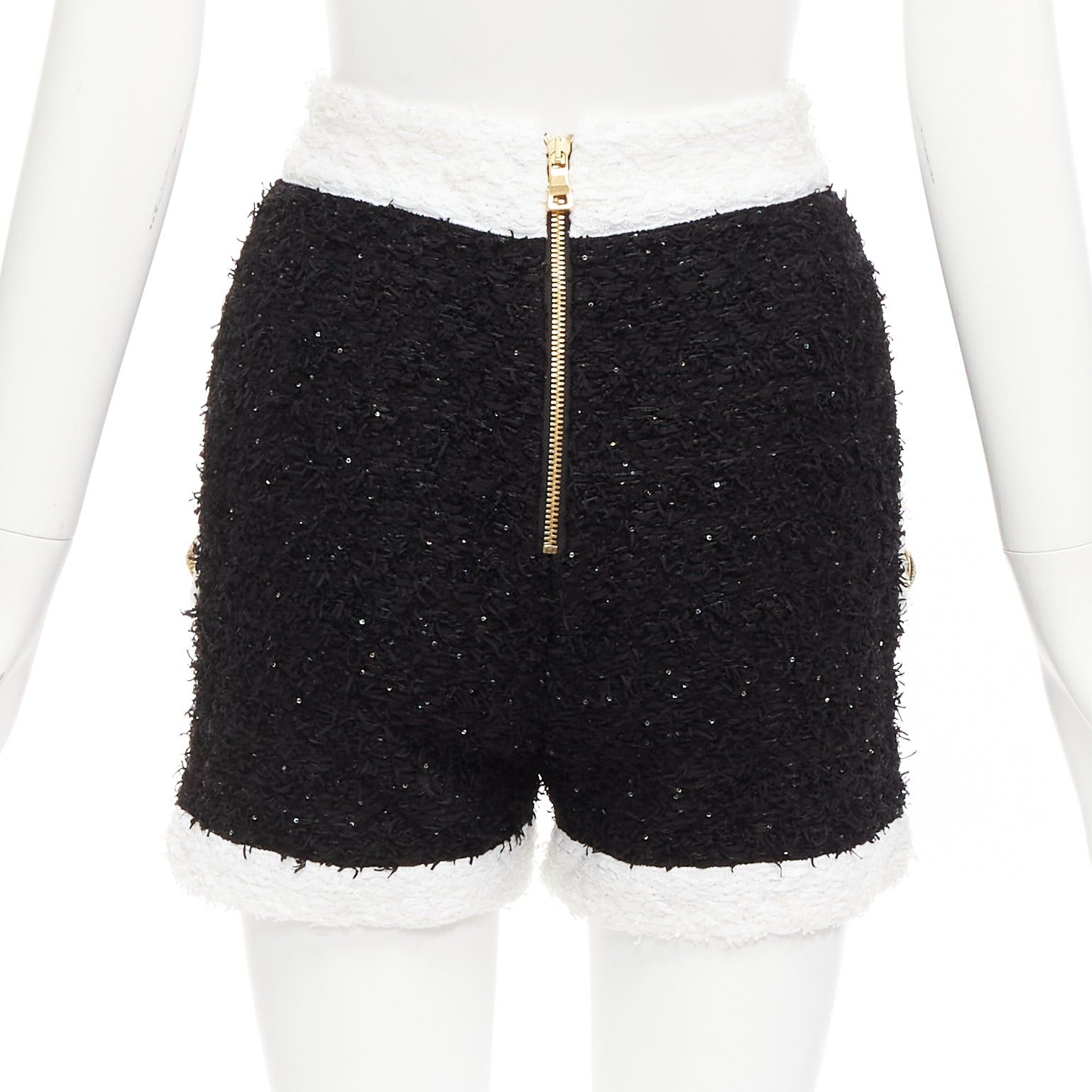 Balmain BALMAIN black white sequins tweed gold buttons zip high waisted shorts FR34 XS Size 26" / US 2 / IT 38 - 5 Thumbnail
