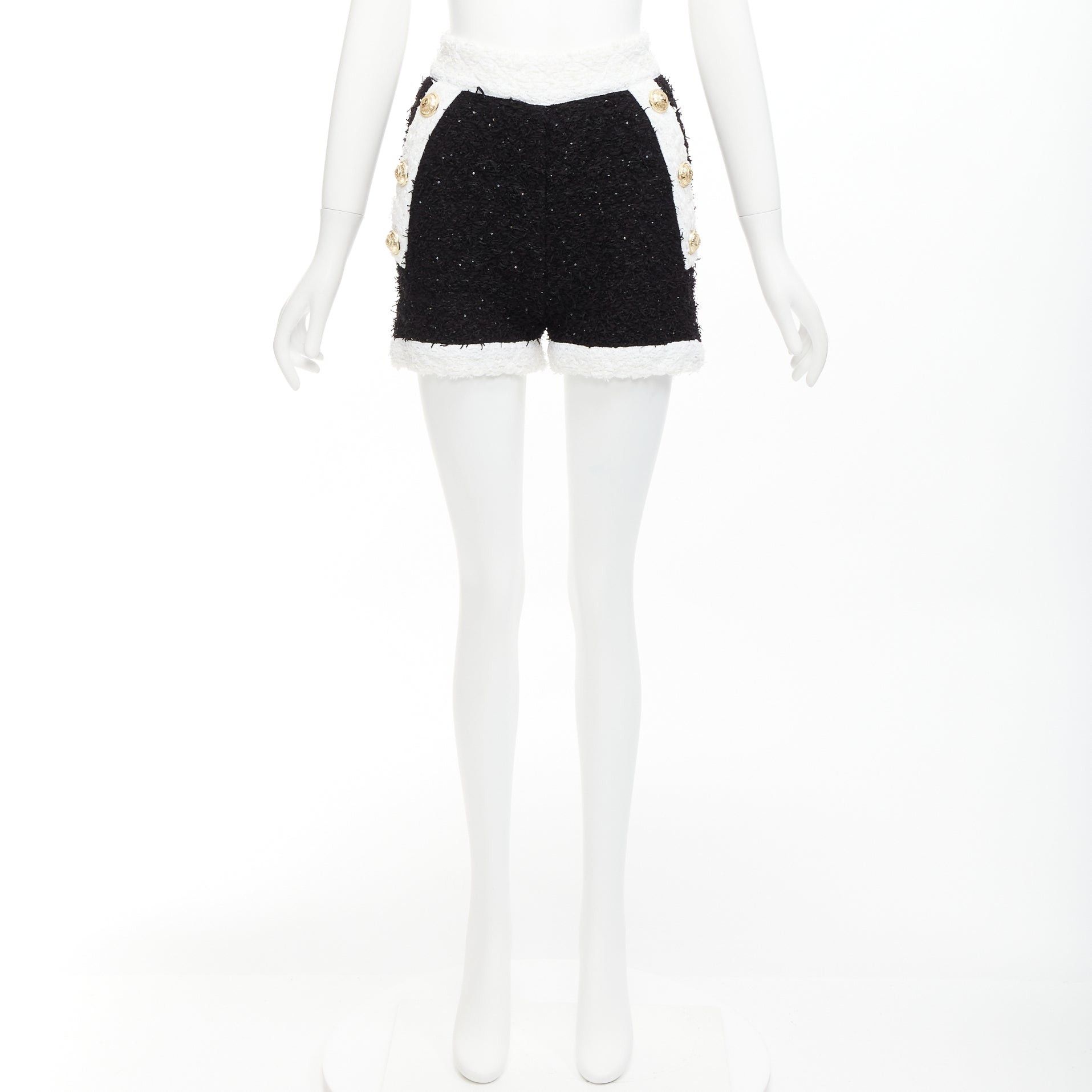 Balmain BALMAIN black white sequins tweed gold buttons zip high waisted shorts FR34 XS Size 26" / US 2 / IT 38 - 9 Thumbnail
