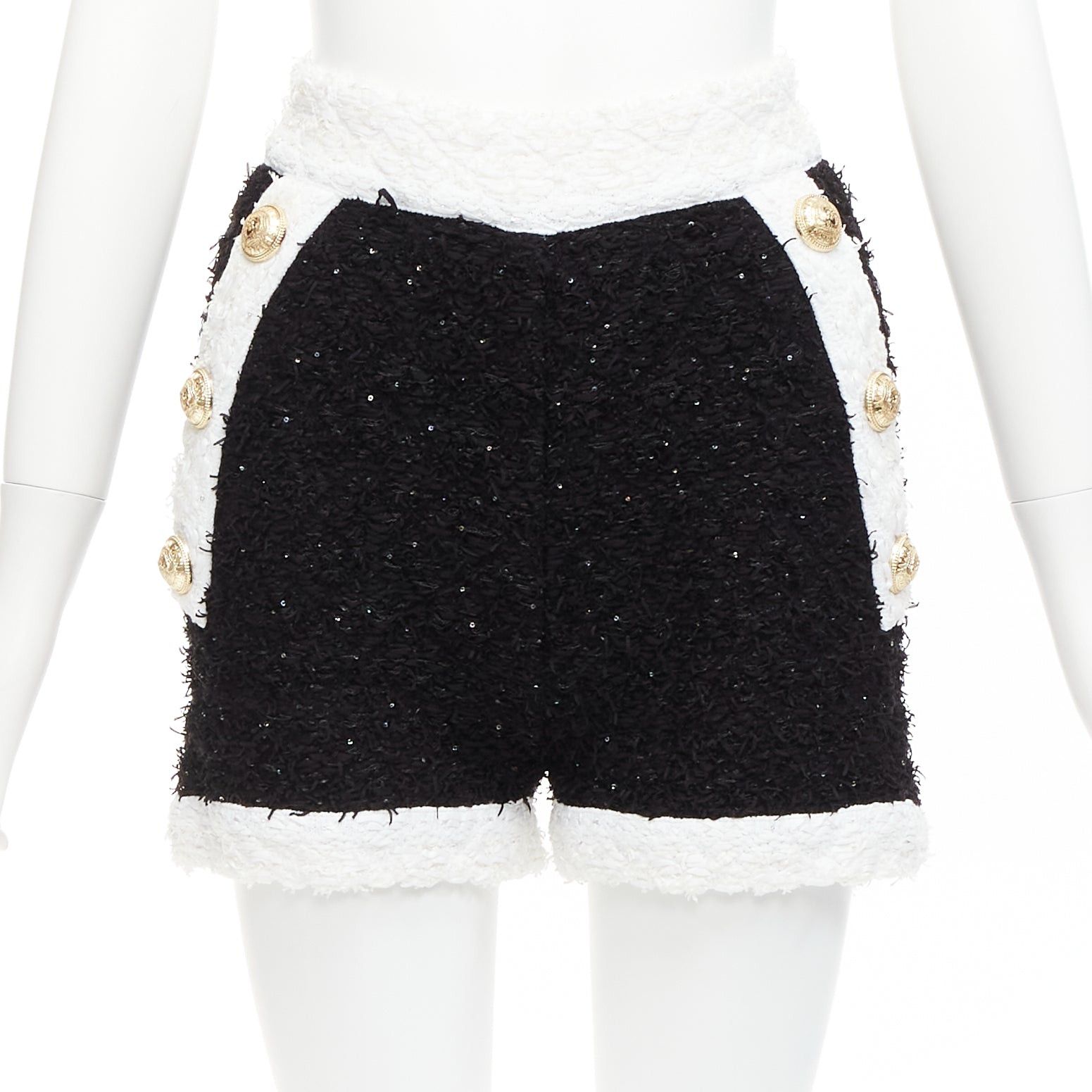 Balmain BALMAIN black white sequins tweed gold buttons zip high waisted shorts FR34 XS Size 26" / US 2 / IT 38 - 3 Thumbnail