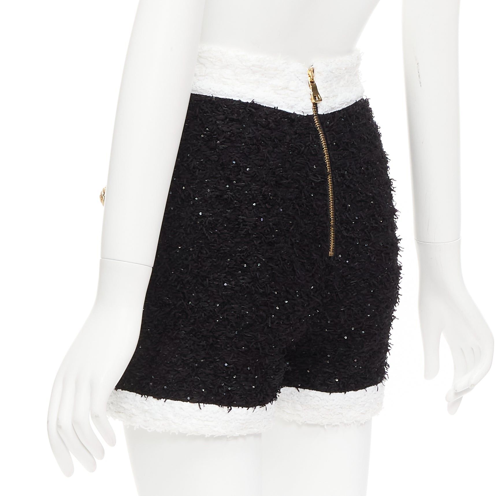 Balmain BALMAIN black white sequins tweed gold buttons zip high waisted shorts FR34 XS Size 26" / US 2 / IT 38 - 6 Thumbnail