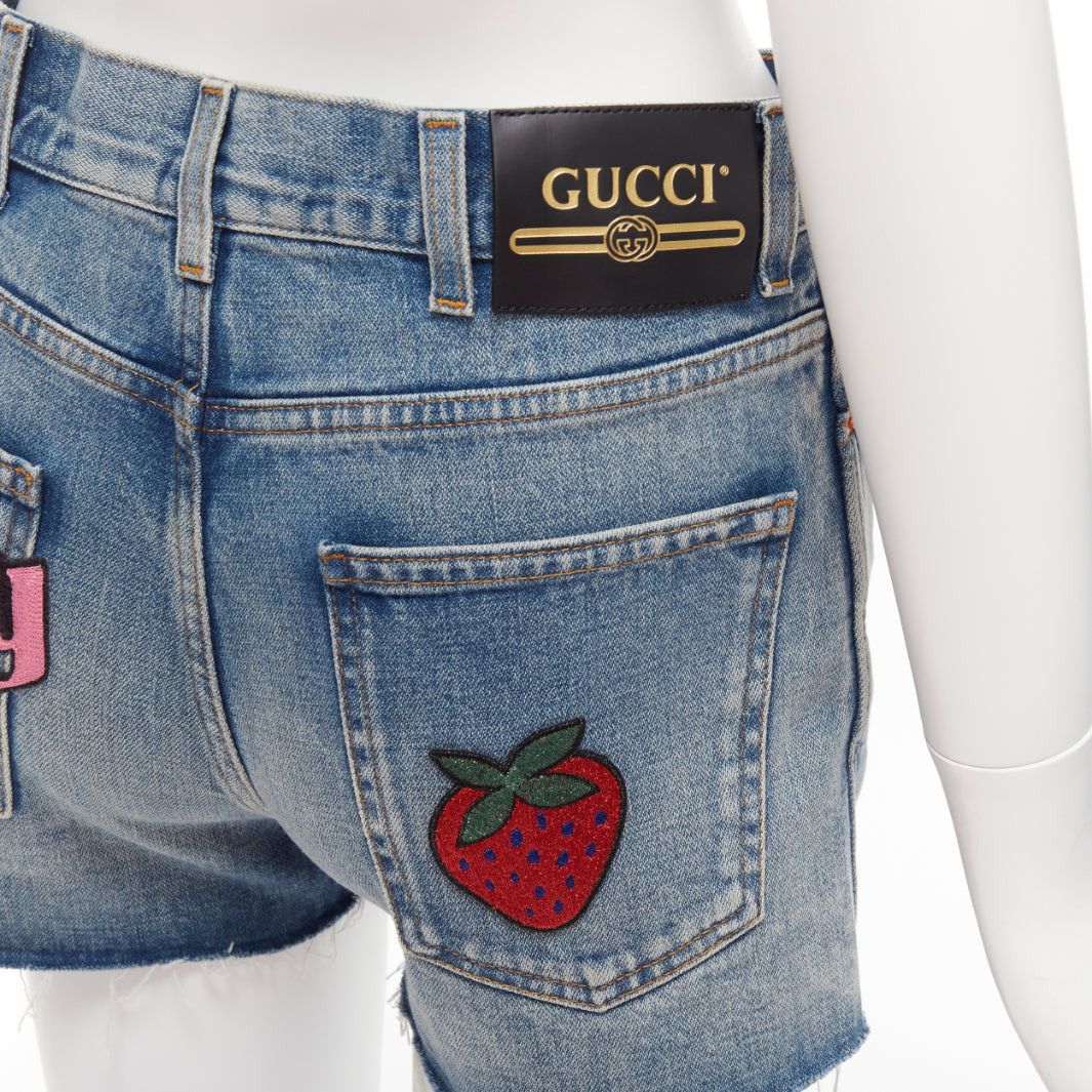 Gucci GUCCI pink logo graffiti red strawberry patch blue denim cut off shorts 22" Size 25" / US 0 / IT 36 - 2 Thumbnail