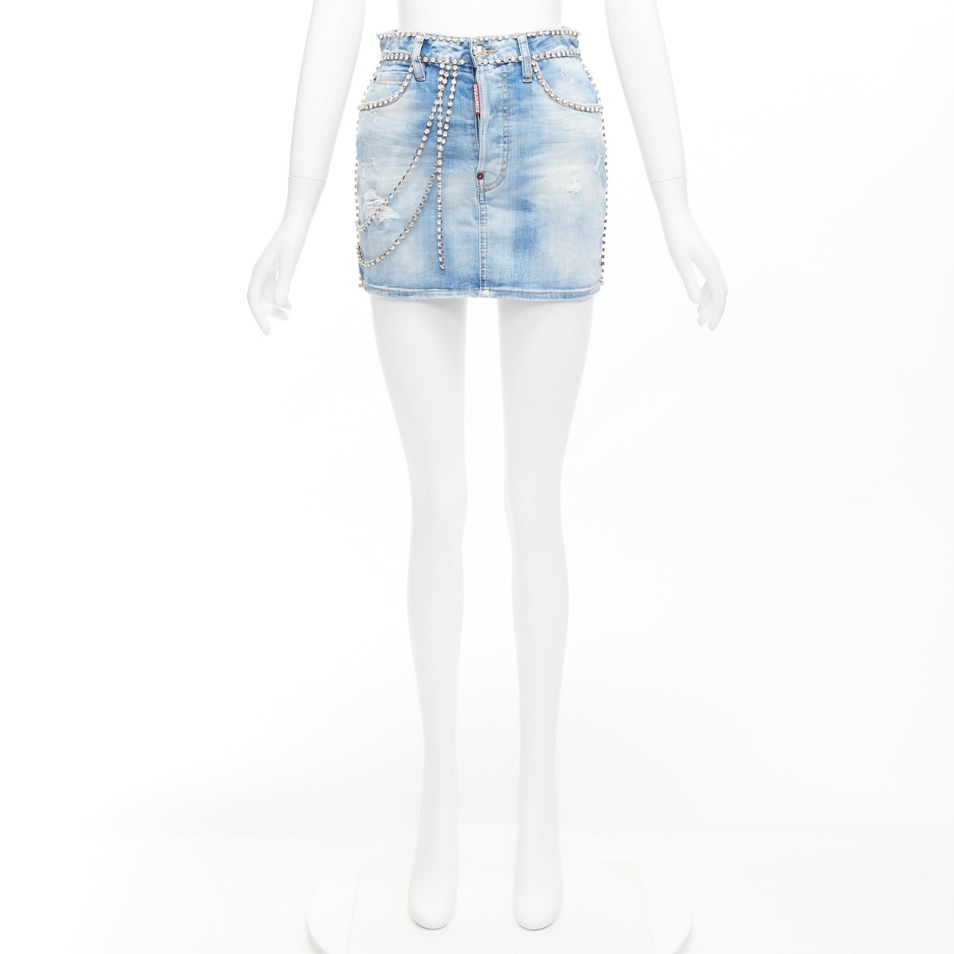 Dsquared2 DSQUARED2 blue distressed denim crystal chain embellished mini skirt IT36 S Size 25" / US 0 / IT 36 - 9 Thumbnail