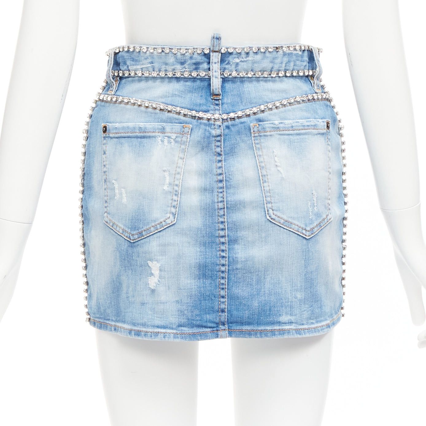 Dsquared2 DSQUARED2 blue distressed denim crystal chain embellished mini skirt IT36 S Size 25" / US 0 / IT 36 - 5 Thumbnail