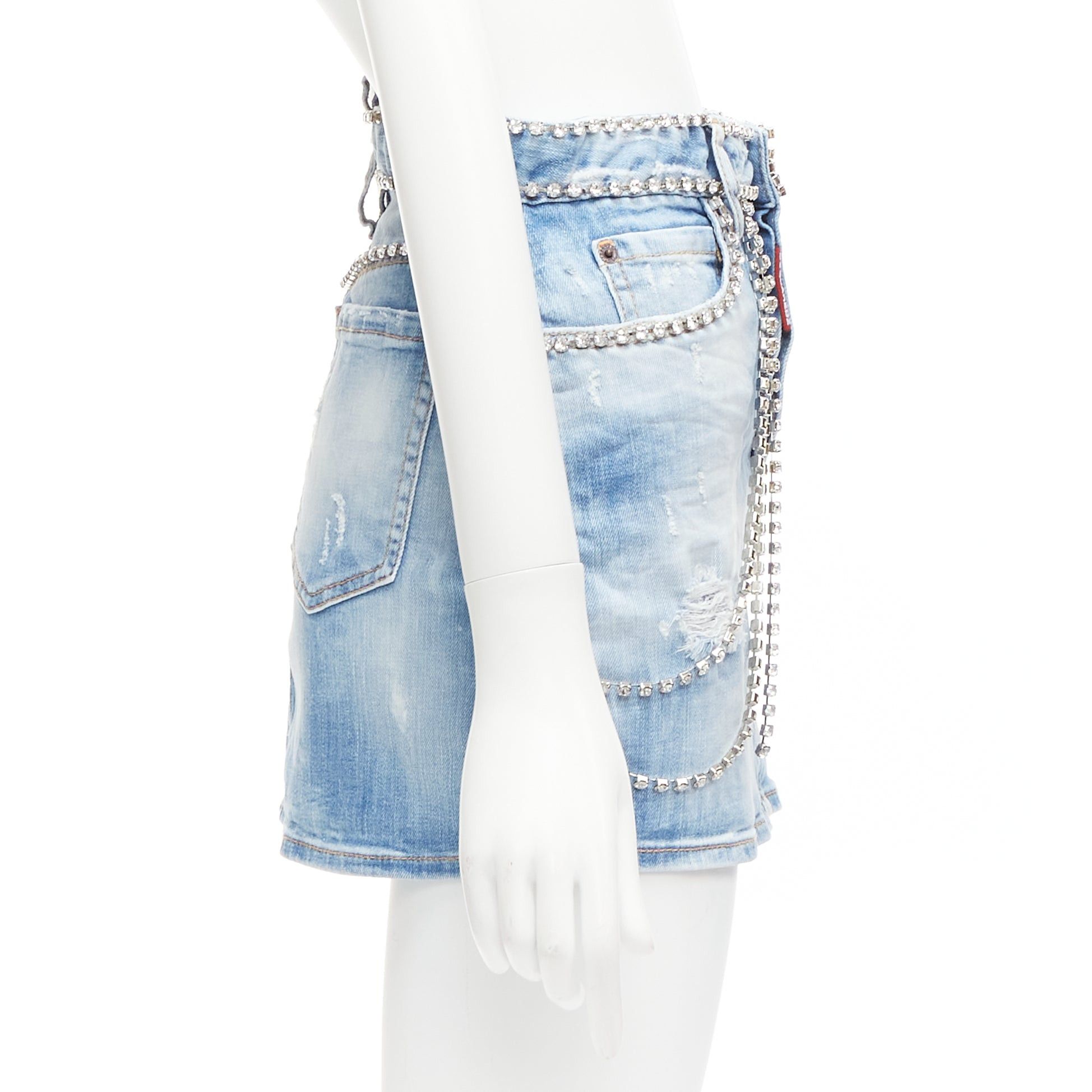 Dsquared2 DSQUARED2 blue distressed denim crystal chain embellished mini skirt IT36 S Size 25" / US 0 / IT 36 - 4 Thumbnail