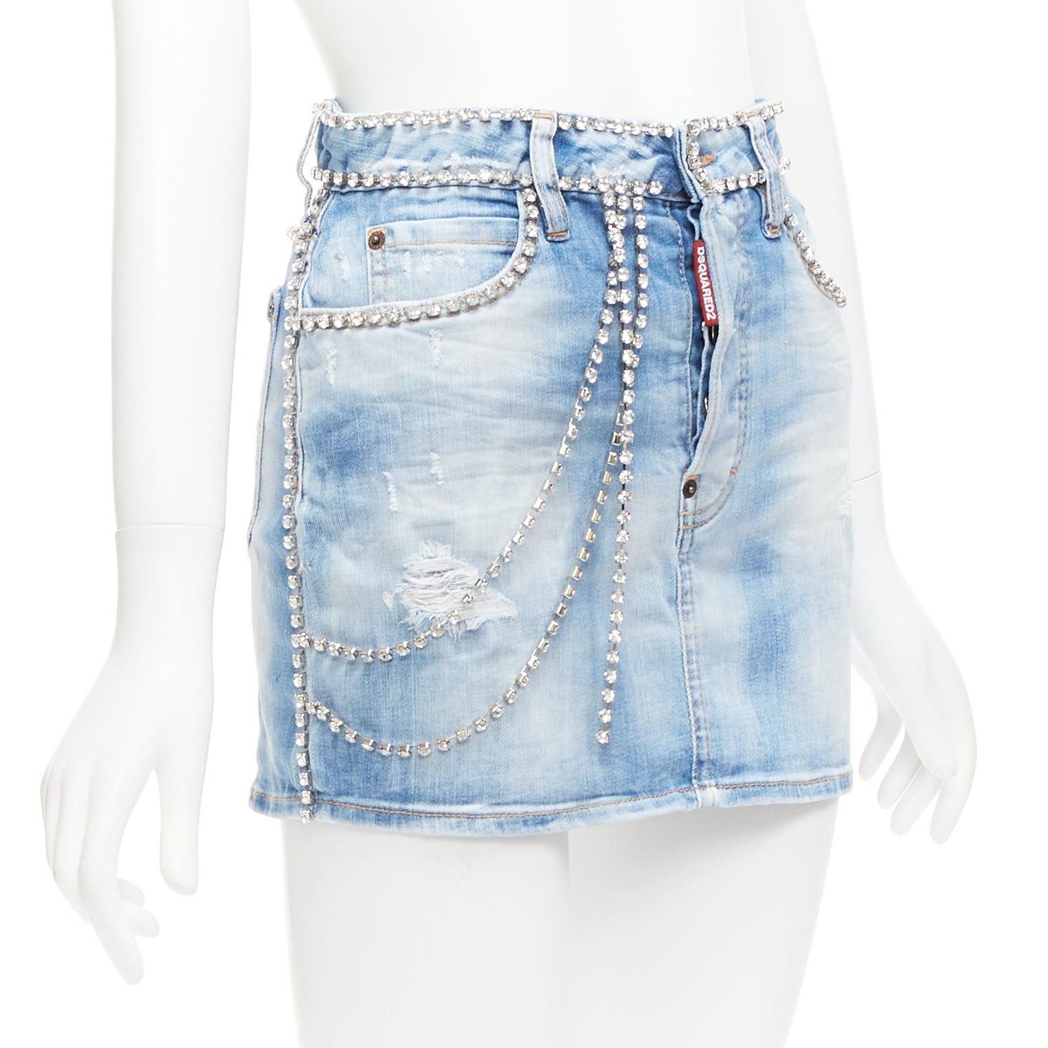 Dsquared2 DSQUARED2 blue distressed denim crystal chain embellished mini skirt IT36 S Size 25" / US 0 / IT 36 - 3 Thumbnail