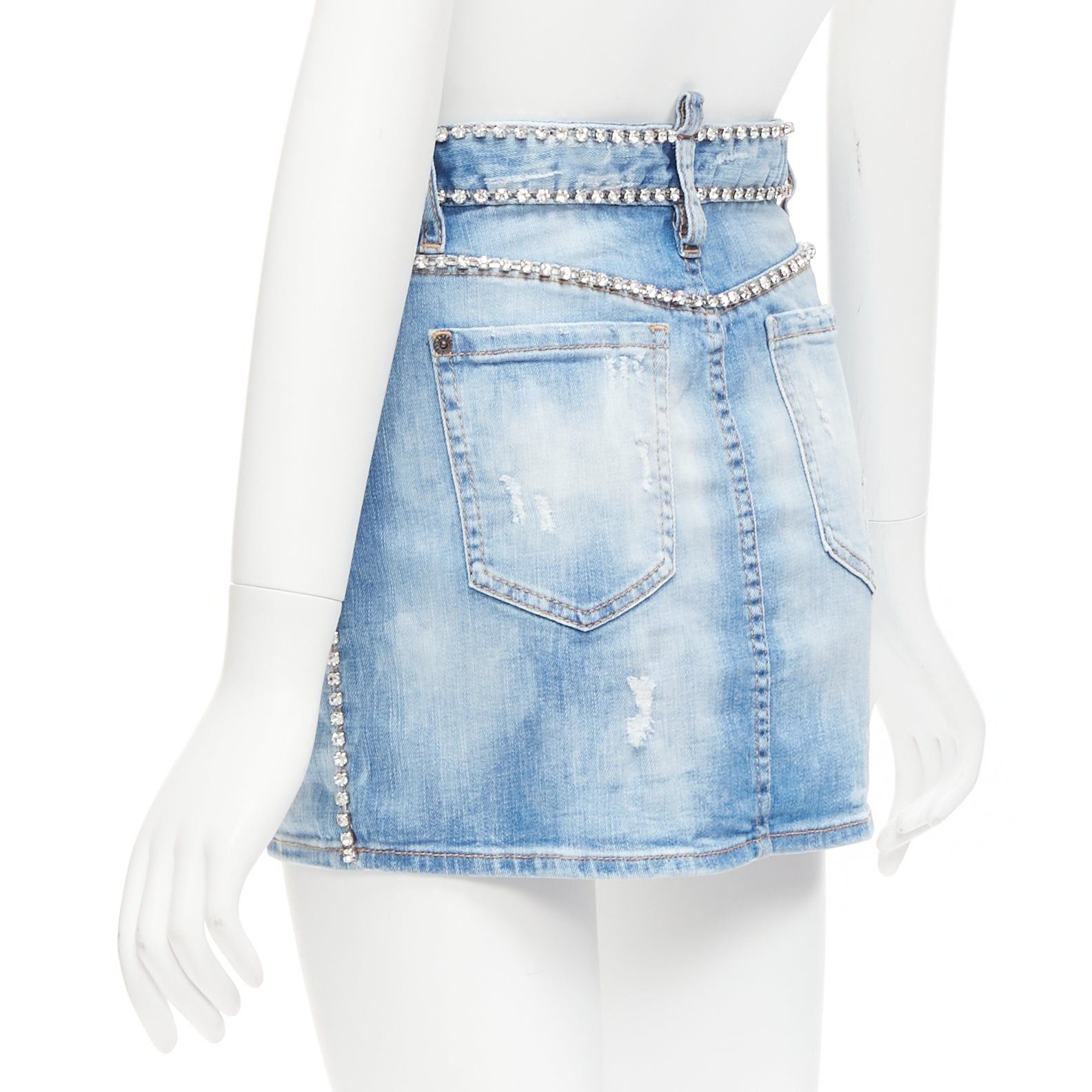 Dsquared2 DSQUARED2 blue distressed denim crystal chain embellished mini skirt IT36 S Size 25" / US 0 / IT 36 - 6 Thumbnail