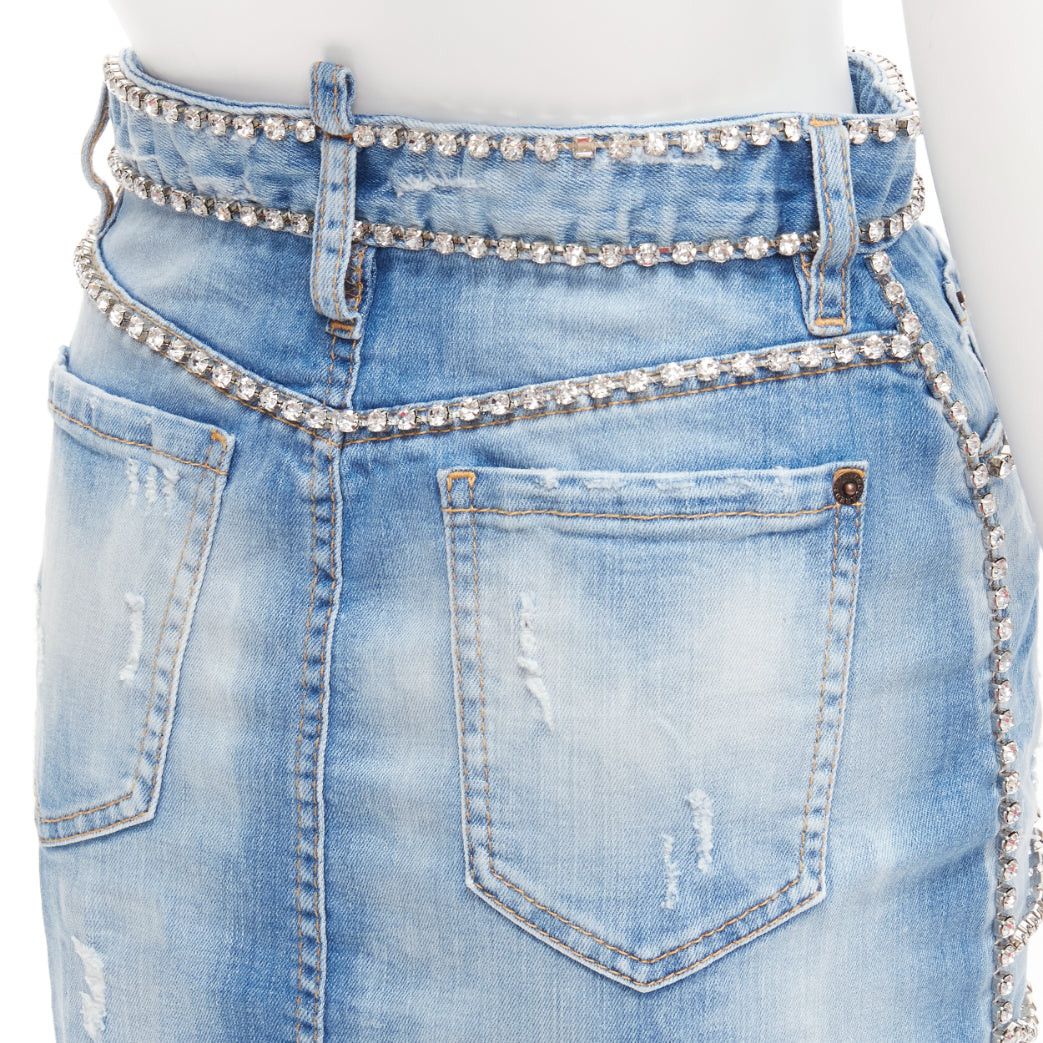 Dsquared2 DSQUARED2 blue distressed denim crystal chain embellished mini skirt IT36 S Size 25" / US 0 / IT 36 - 7 Thumbnail