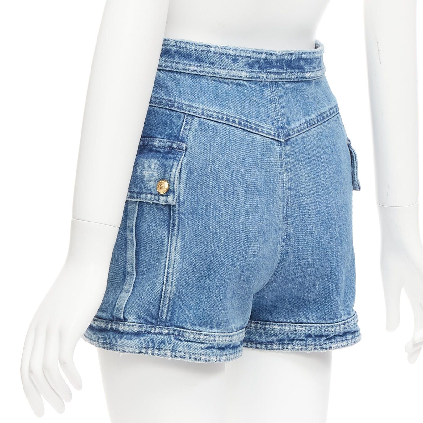 Balmain BALMAIN blue distressed denim gold buttons high waisted cargo shorts FR34 XS Size 26" / US 2 / IT 38 - 6 Thumbnail