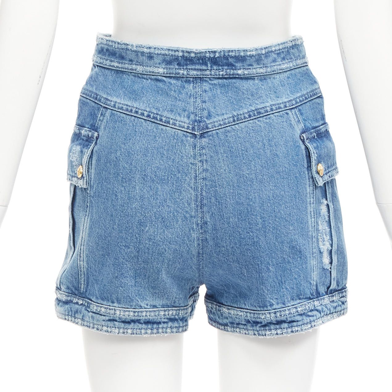 Balmain BALMAIN blue distressed denim gold buttons high waisted cargo shorts FR34 XS Size 26" / US 2 / IT 38 - 2 Thumbnail