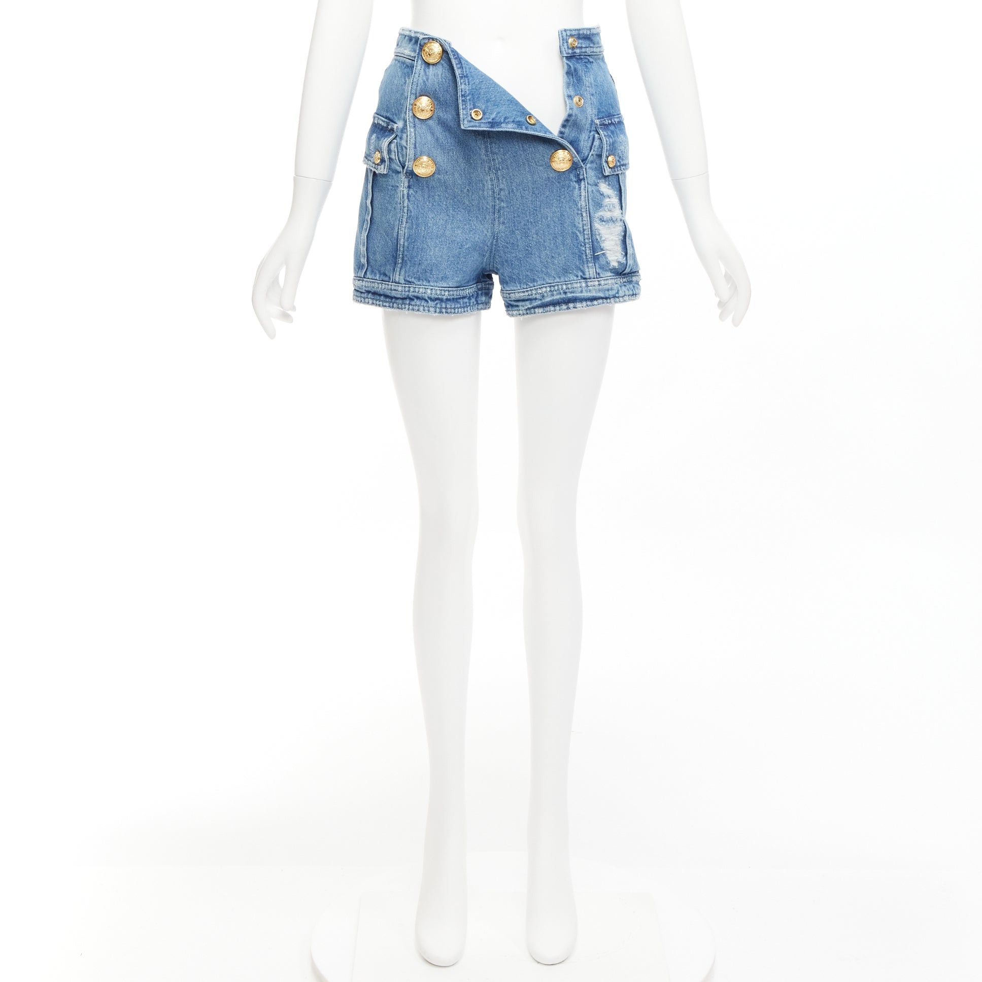 Balmain BALMAIN blue distressed denim gold buttons high waisted cargo shorts FR34 XS Size 26" / US 2 / IT 38 - 11 Thumbnail