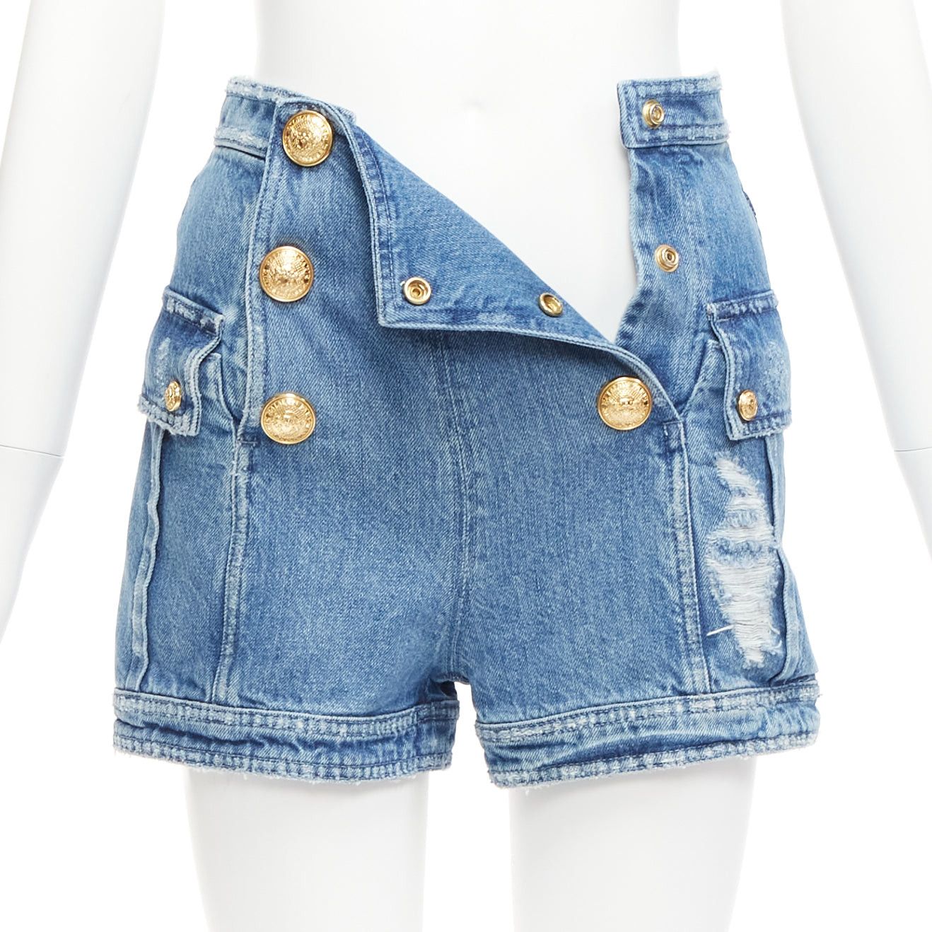 Balmain BALMAIN blue distressed denim gold buttons high waisted cargo shorts FR34 XS Size 26" / US 2 / IT 38 - 3 Thumbnail