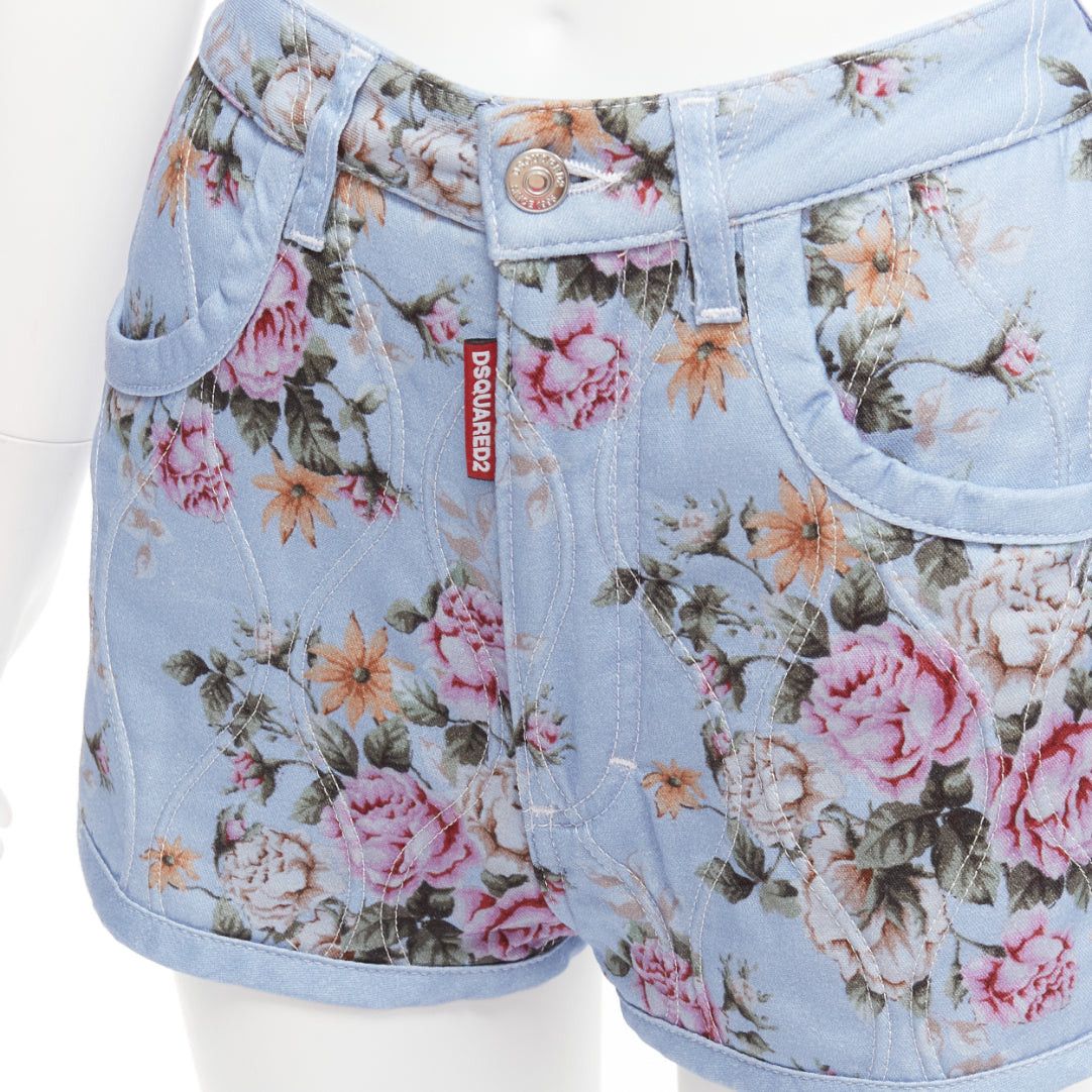 Dsquared2 DSQUARED2 blue vintage floral quilted cotton blend high waisted bloomer shorts IT36 S Size 25" / US 0 / IT 36 - 7 Thumbnail