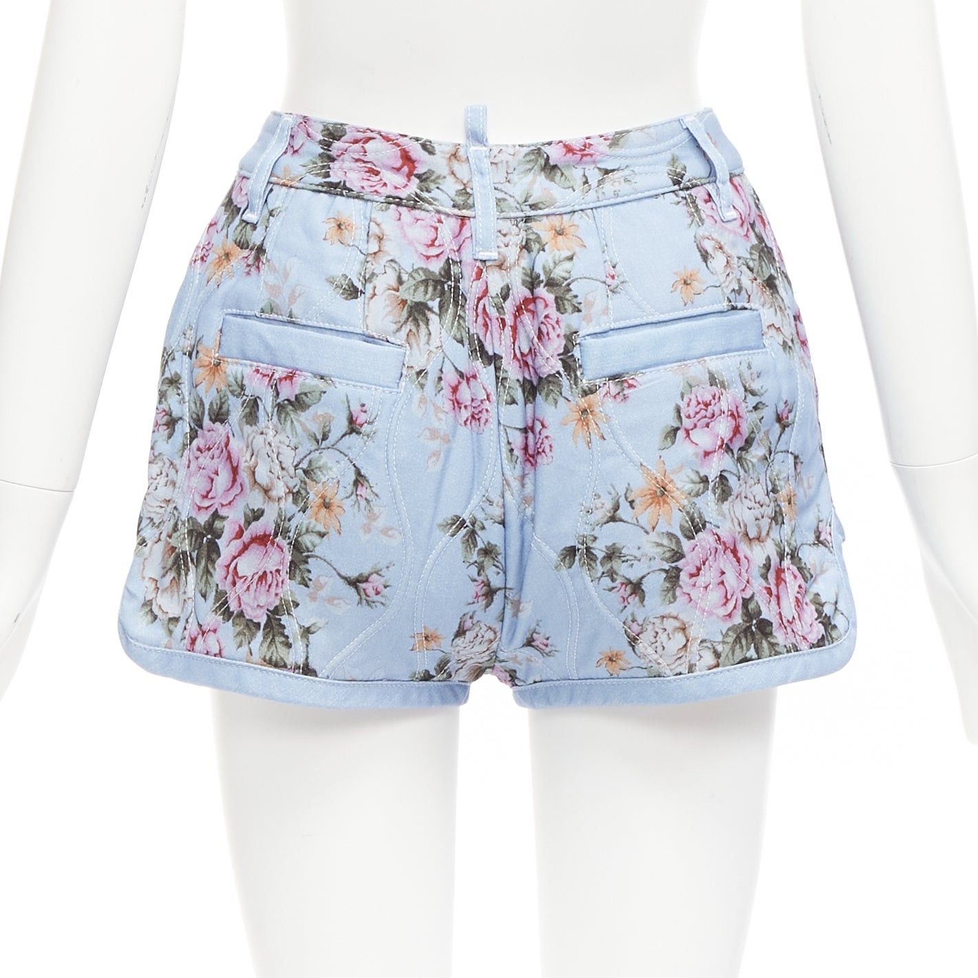 Dsquared2 DSQUARED2 blue vintage floral quilted cotton blend high waisted bloomer shorts IT36 S Size 25" / US 0 / IT 36 - 5 Thumbnail
