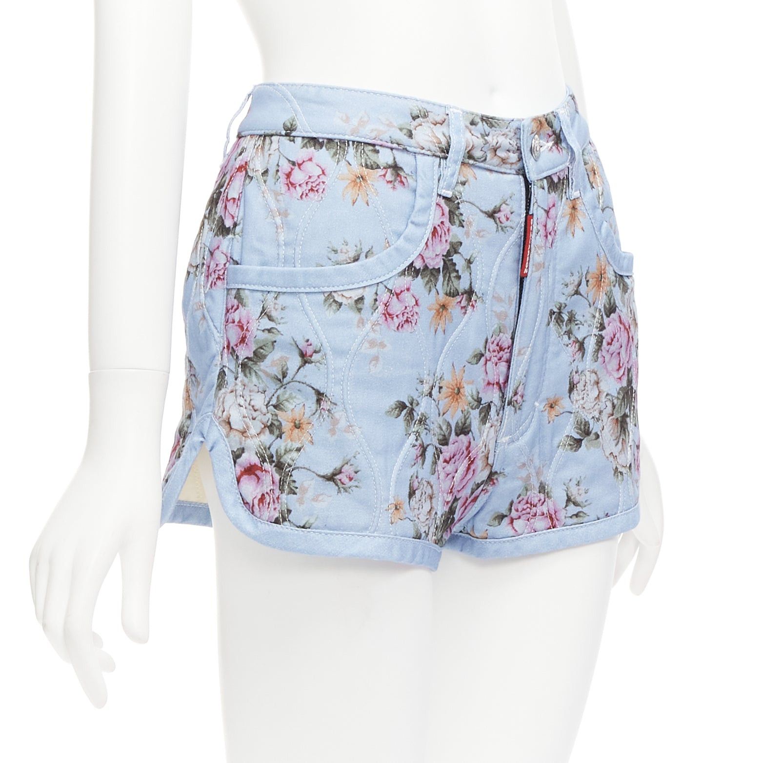 Dsquared2 DSQUARED2 blue vintage floral quilted cotton blend high waisted bloomer shorts IT36 S Size 25" / US 0 / IT 36 - 3 Thumbnail