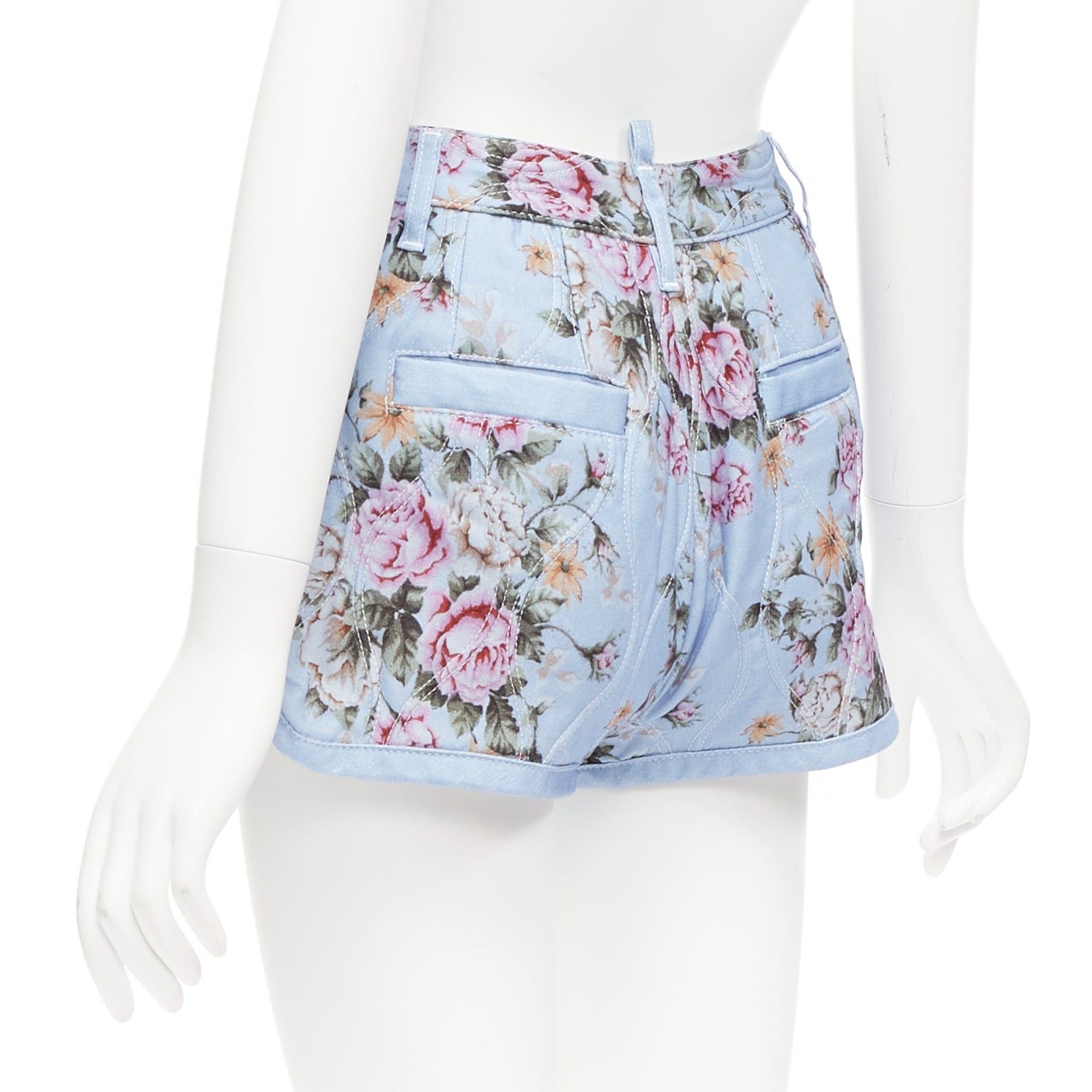 Dsquared2 DSQUARED2 blue vintage floral quilted cotton blend high waisted bloomer shorts IT36 S Size 25" / US 0 / IT 36 - 6 Thumbnail