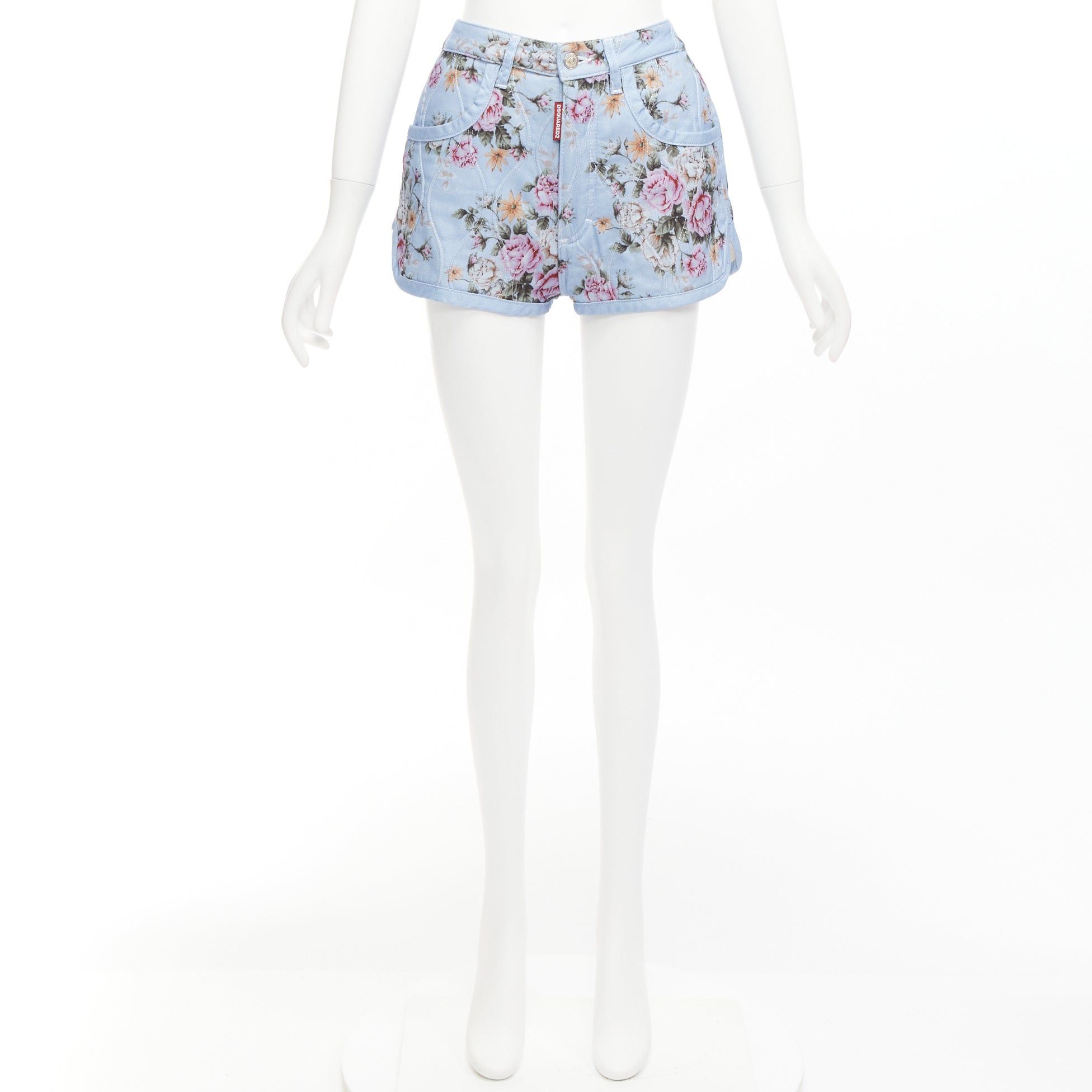 Dsquared2 DSQUARED2 blue vintage floral quilted cotton blend high waisted bloomer shorts IT36 S Size 25" / US 0 / IT 36 - 9 Thumbnail