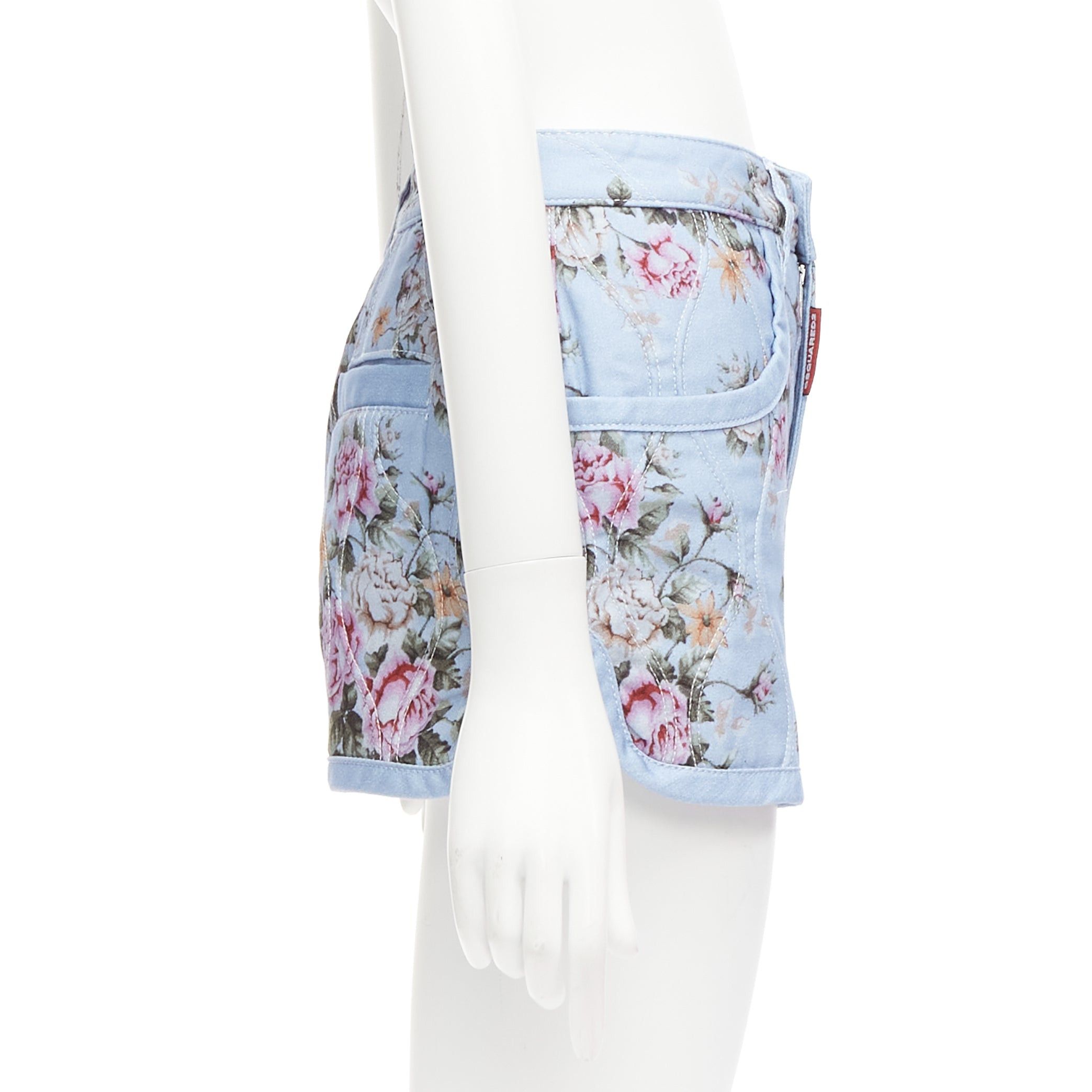 Dsquared2 DSQUARED2 blue vintage floral quilted cotton blend high waisted bloomer shorts IT36 S Size 25" / US 0 / IT 36 - 4 Thumbnail
