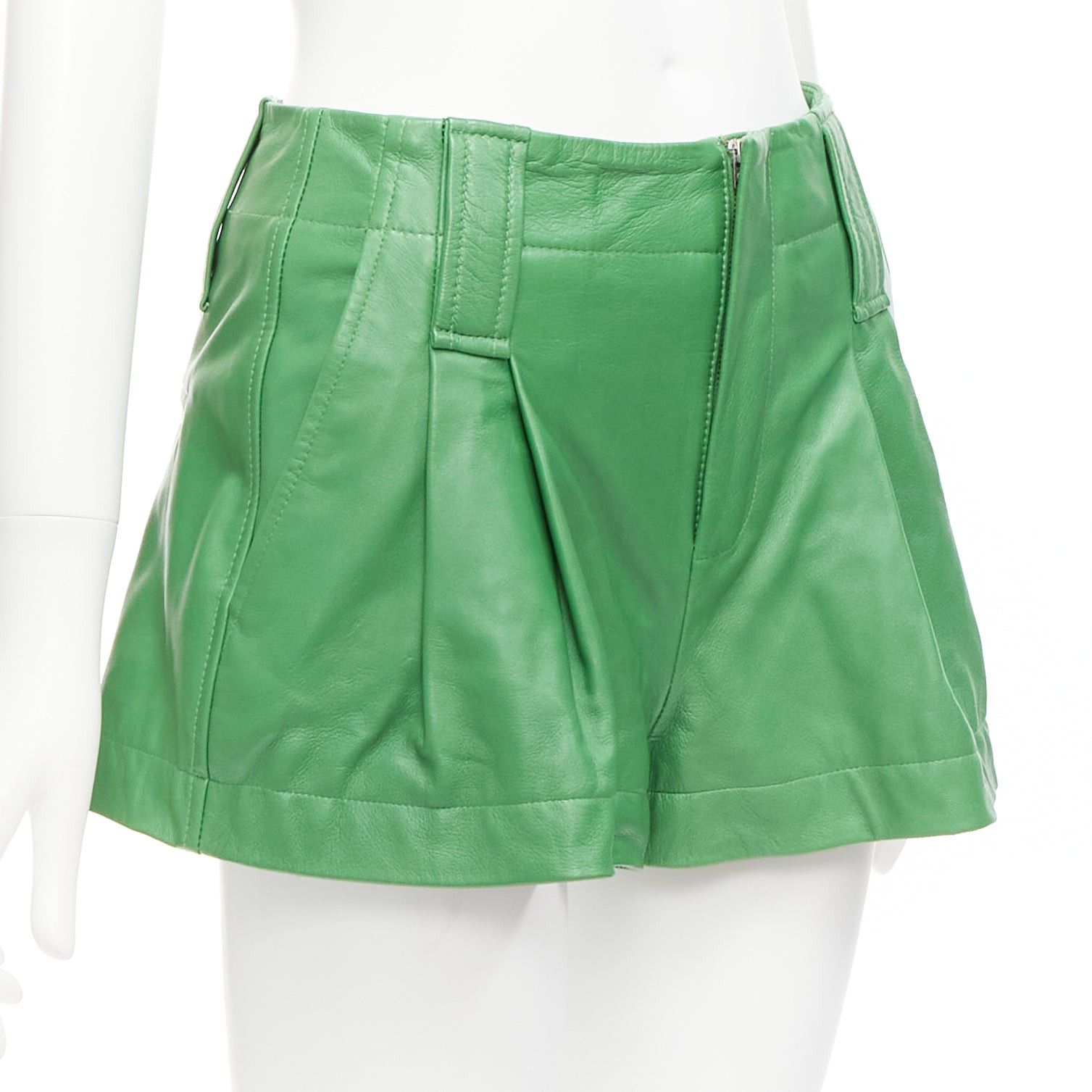 Ganni GANNI green lambskin leather high waist flared shorts FR32 XXS Size 25" / US 0 / IT 36 - 3 Thumbnail
