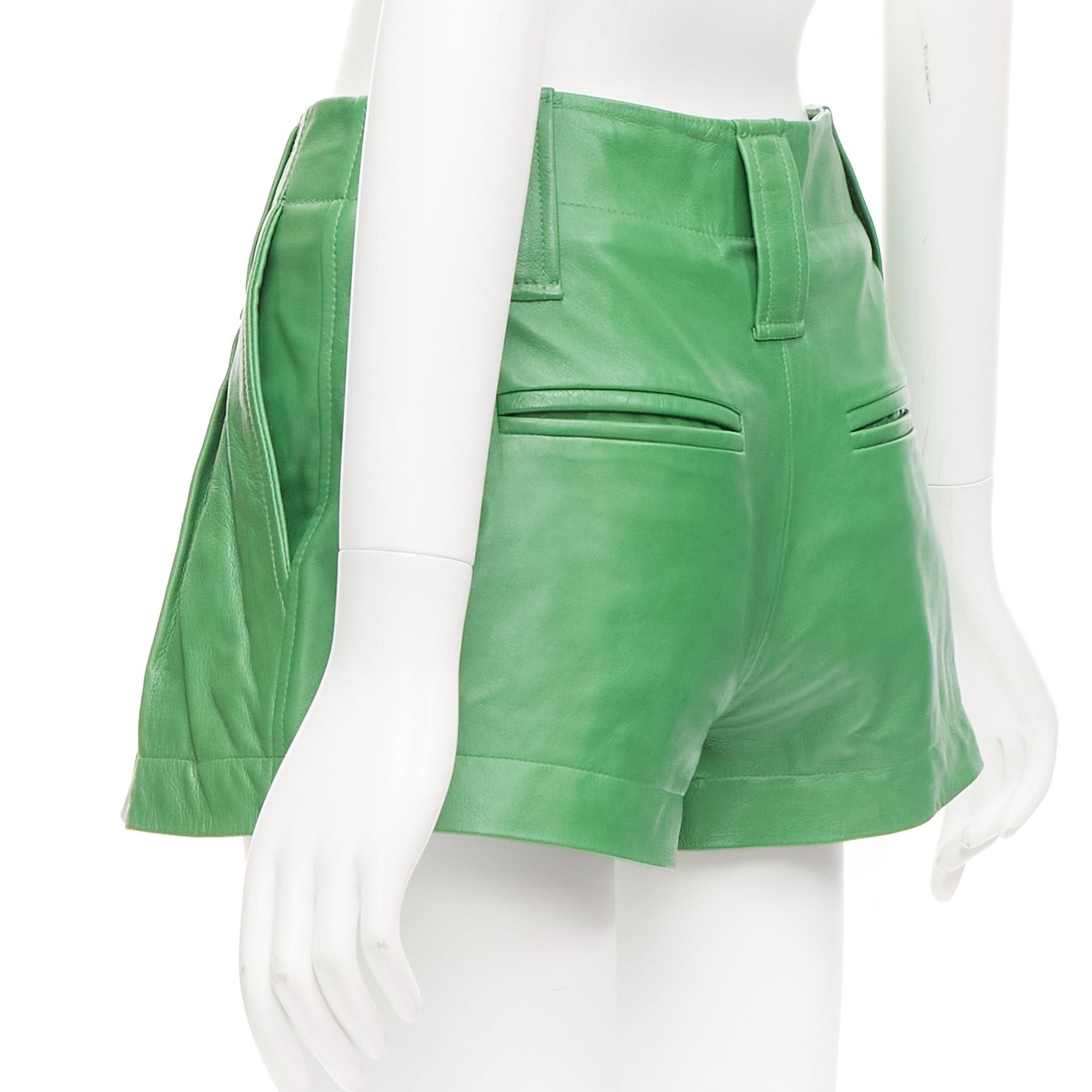Ganni GANNI green lambskin leather high waist flared shorts FR32 XXS Size 25" / US 0 / IT 36 - 6 Thumbnail