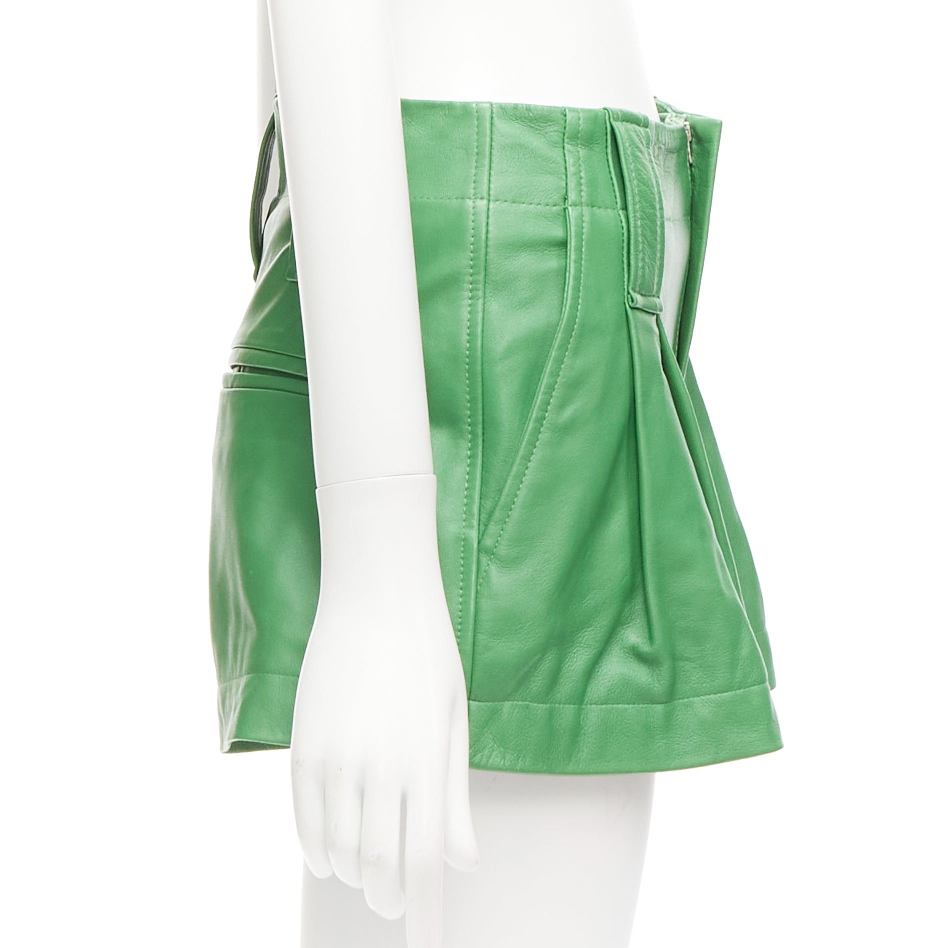 Ganni GANNI green lambskin leather high waist flared shorts FR32 XXS Size 25" / US 0 / IT 36 - 4 Thumbnail
